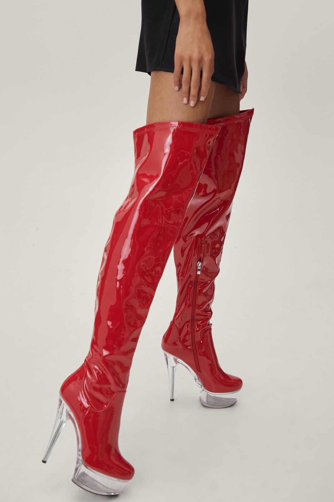Patent Thigh High Clear Heels Boots