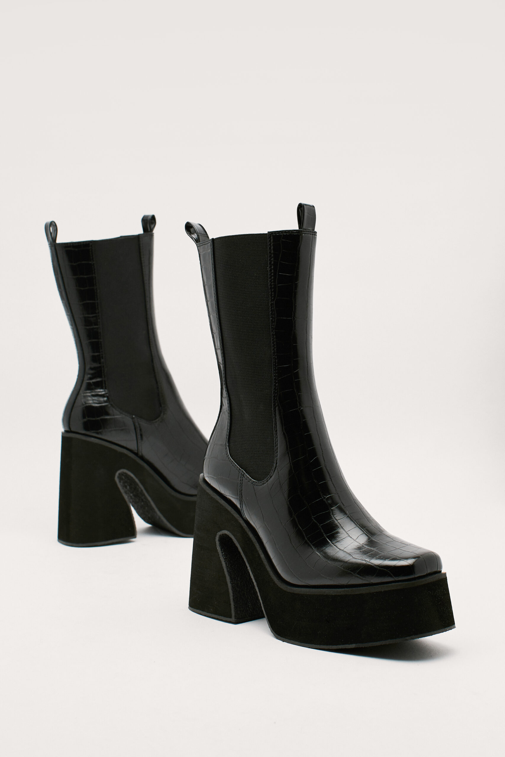 Faux Leather Croc Platform Flare Chelsea Boots 