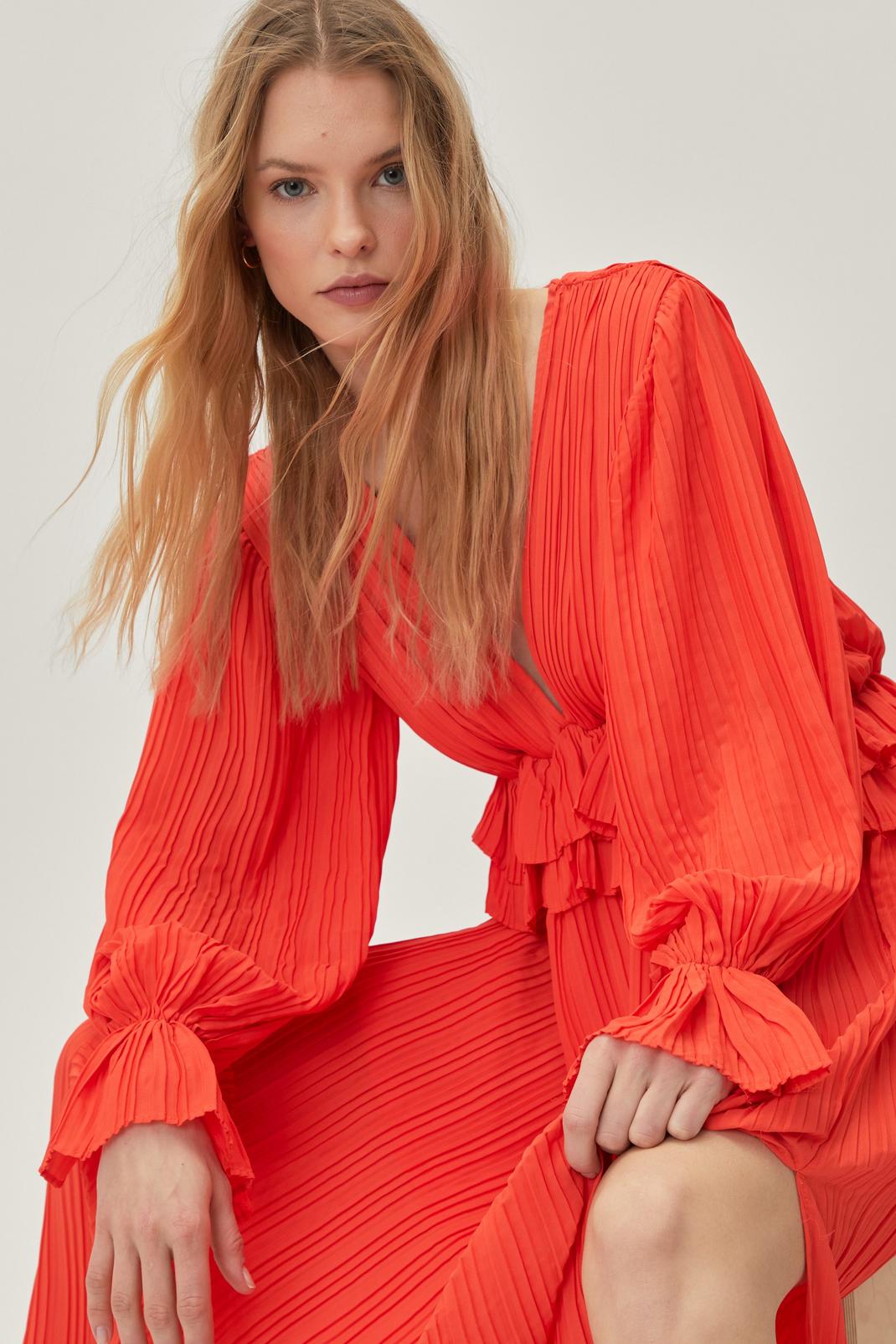 Plunging Pleated Long Sleeve Maxi Dress