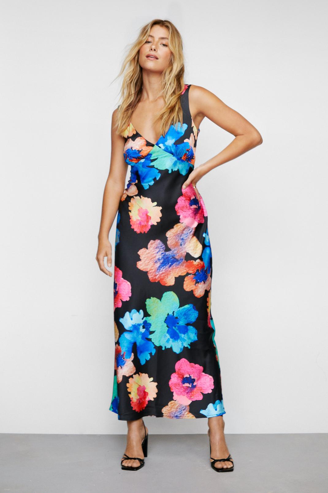 Satin Floral Print Maxi Slip Dress