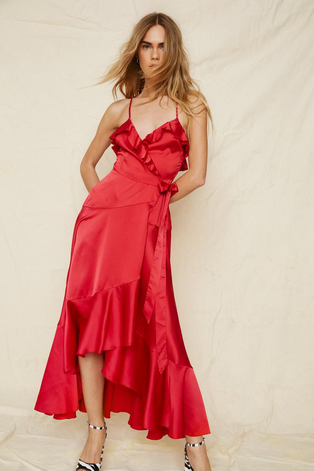 Red Satin Ruffle Wrap Maxi Dress