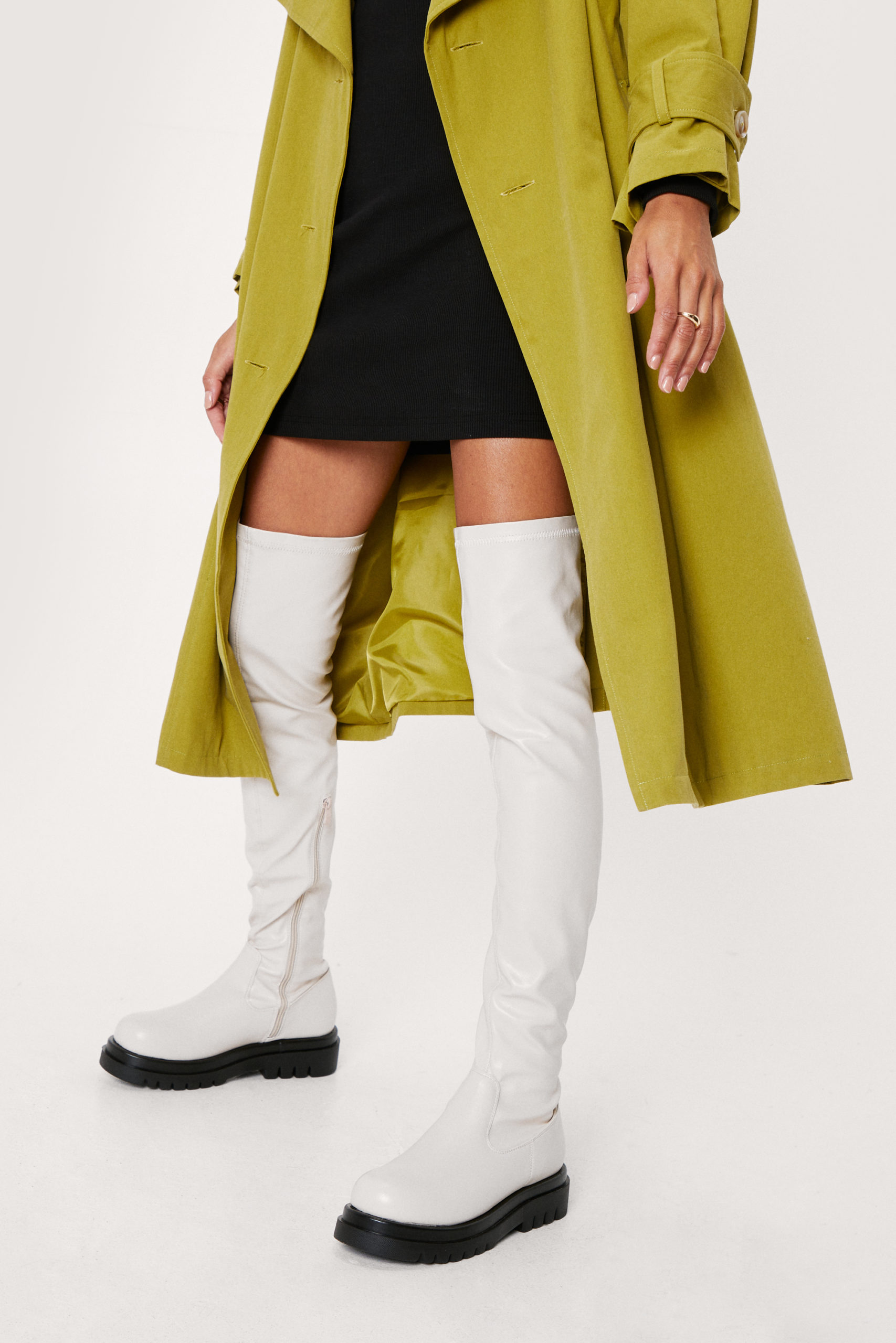 Stretch Faux Leather Knee High Boots
