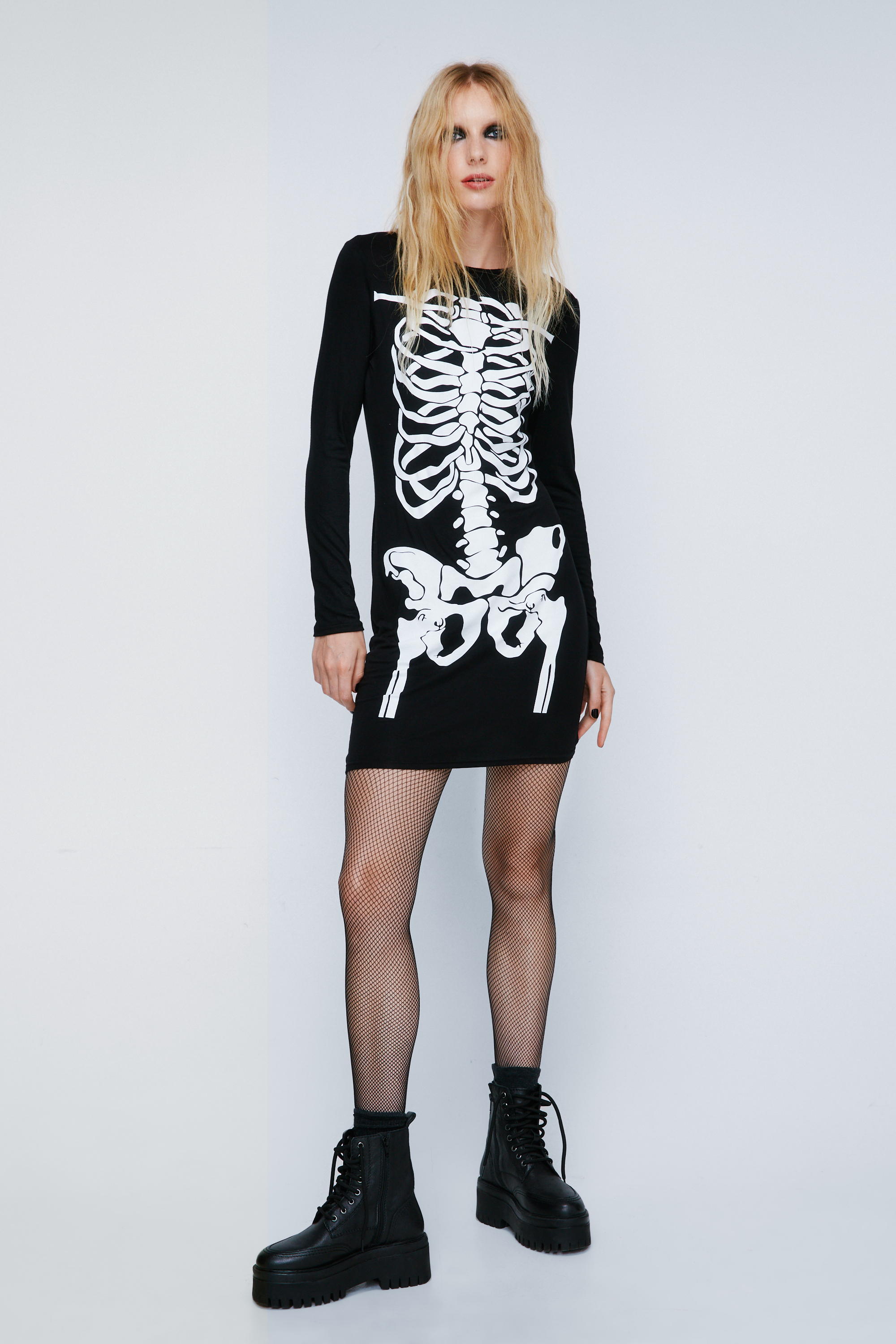 Long Sleeve Skeleton Print Mini Bodycon Dress 
