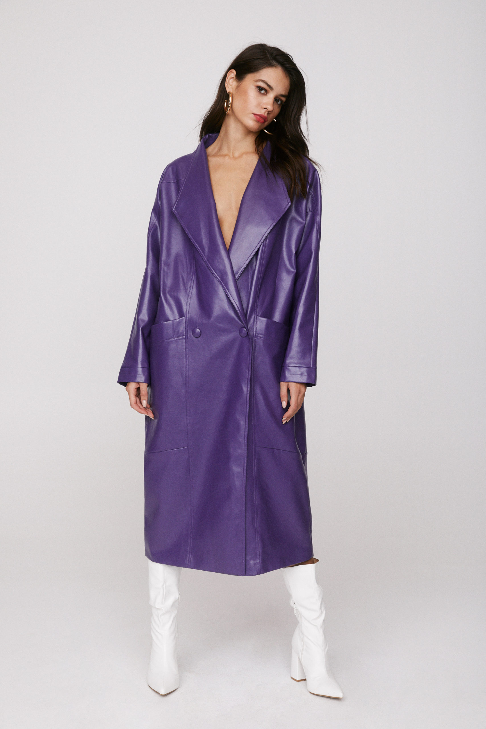 Purple Faux Leather Midi Coat