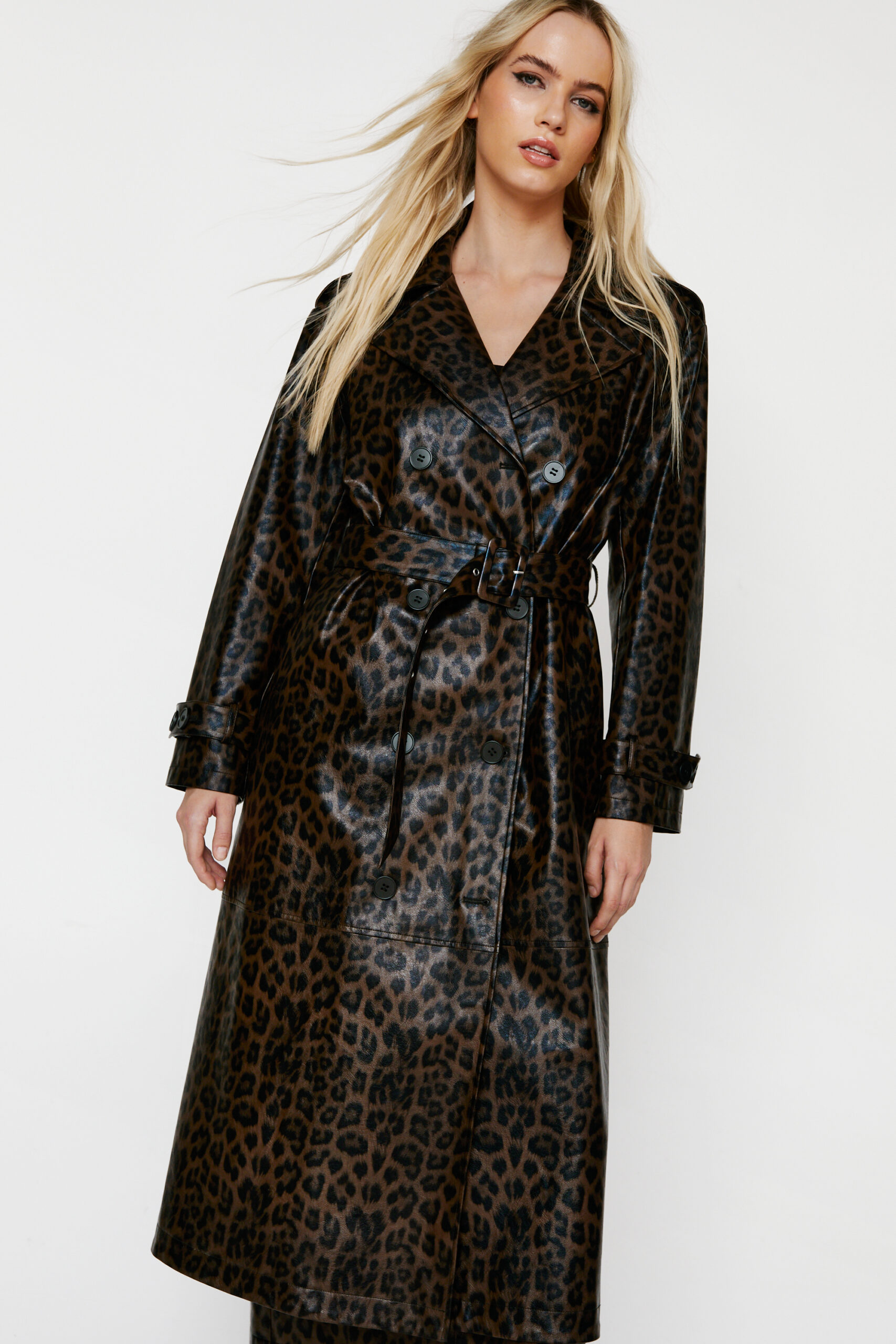 Premium Leopard Print Faux Leather Trench Coat
