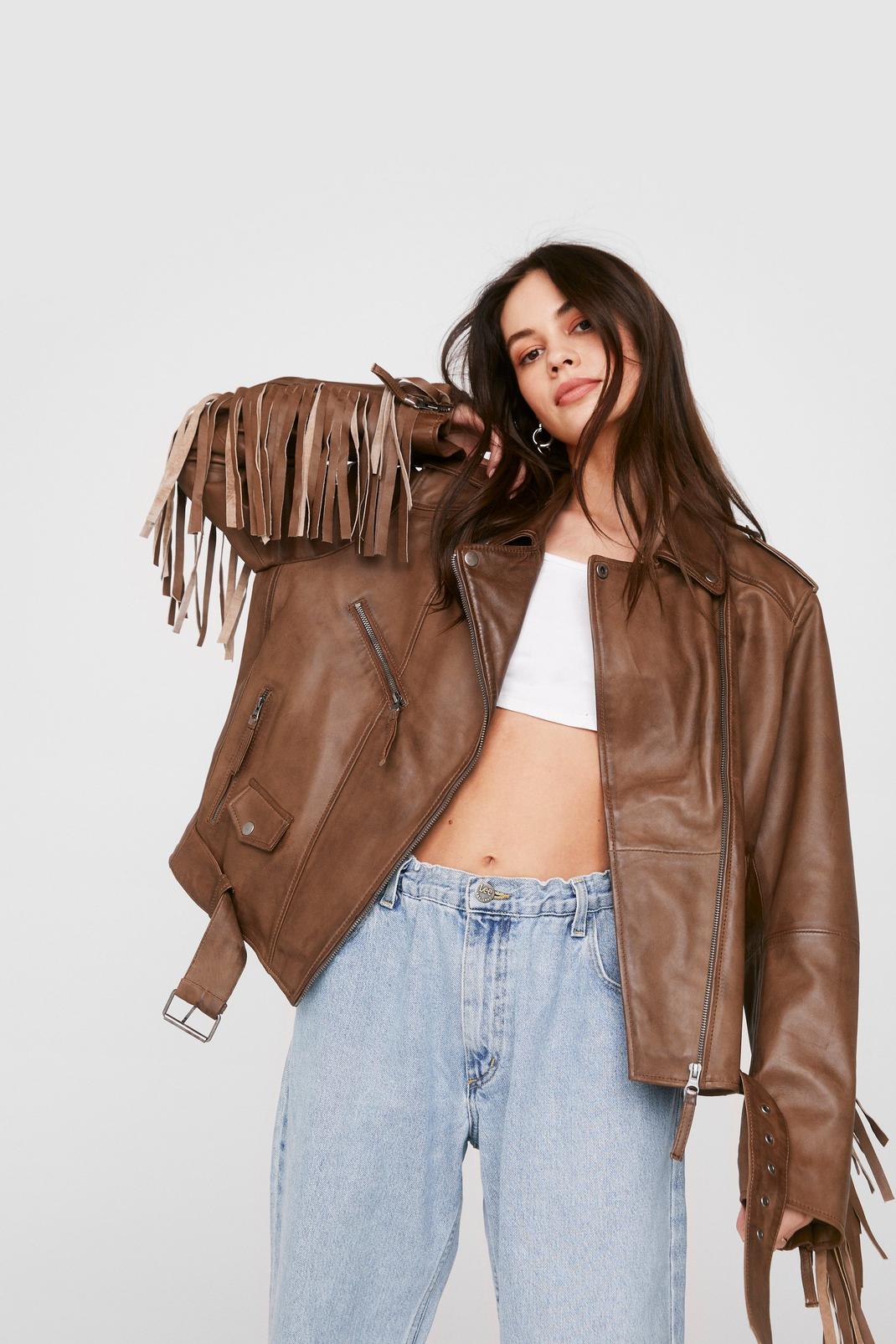 Tan Fringed Real Leather Jacket