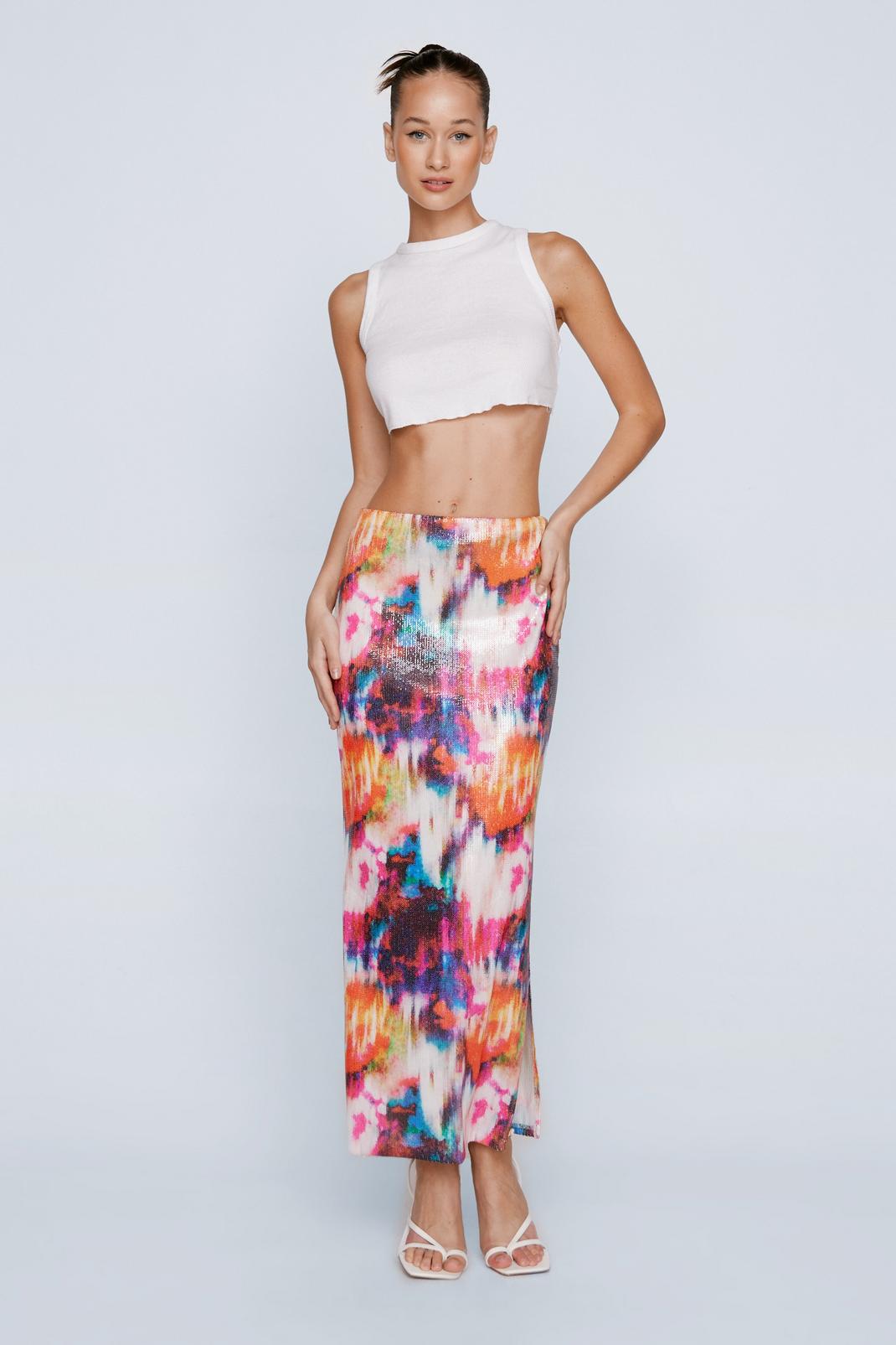 Abstract Print Sequin Maxi Skirt