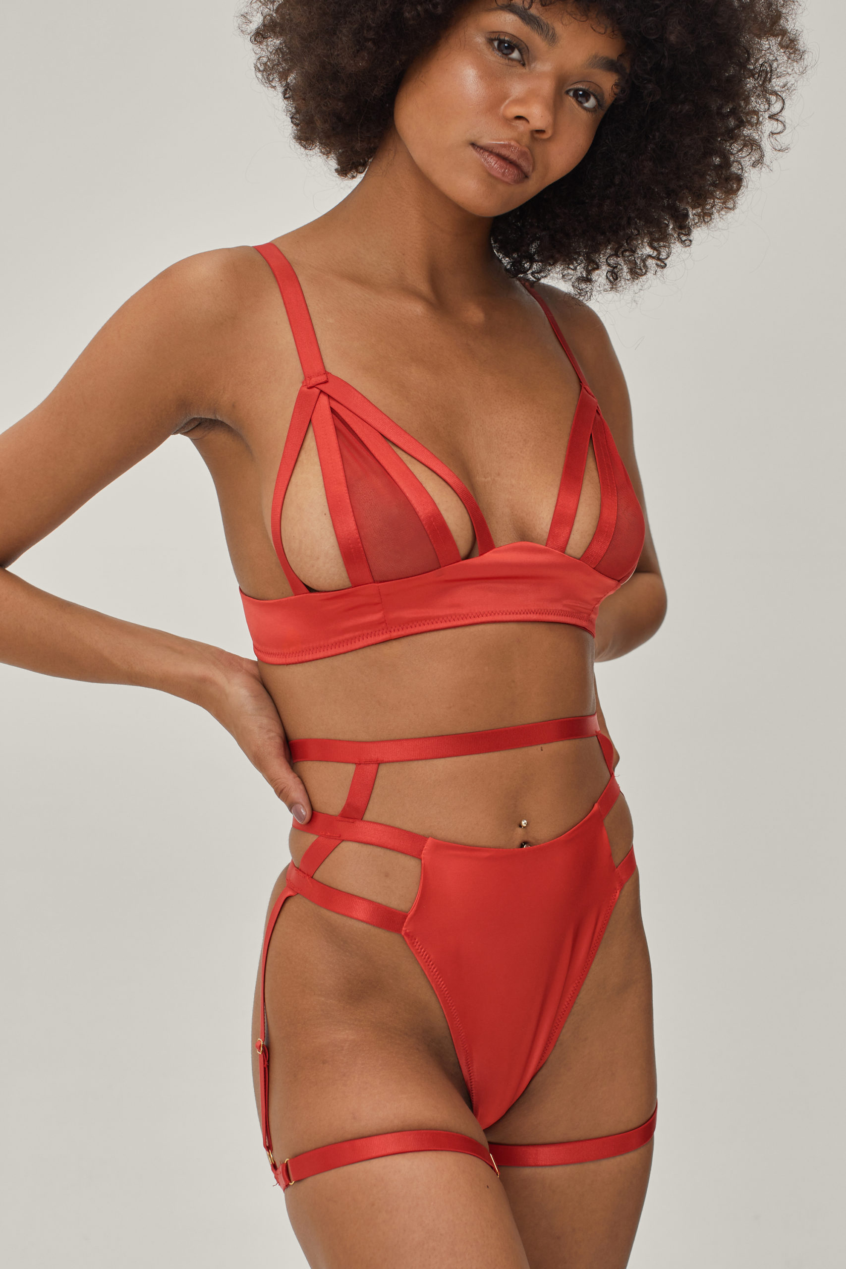 Strappy 3 Pc Bralette Thong And Harness Set