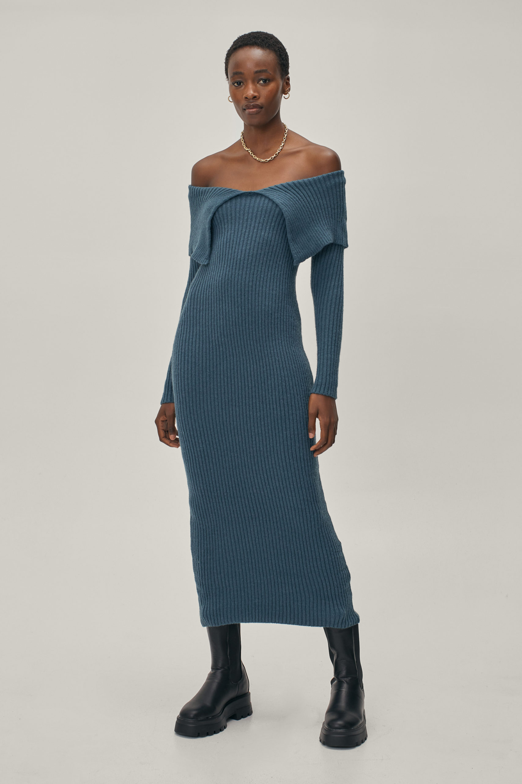 Bardot Ribbed Knitted Midi Dress