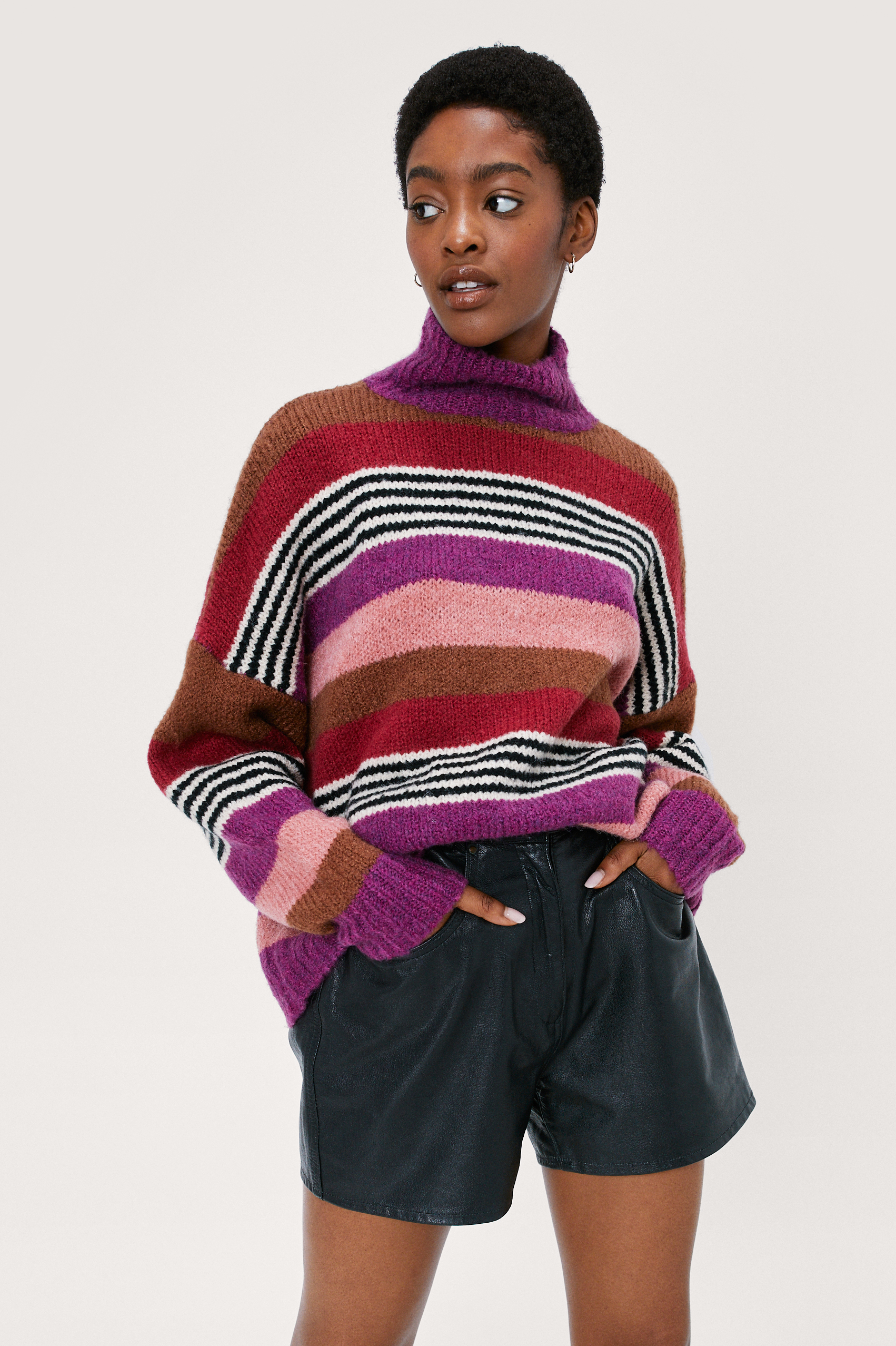 Striped Color Block High Neck Sweater