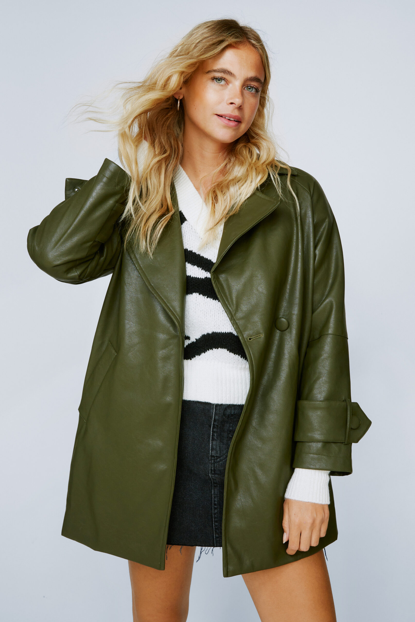 Tailored Faux Leather Trench Jacket 