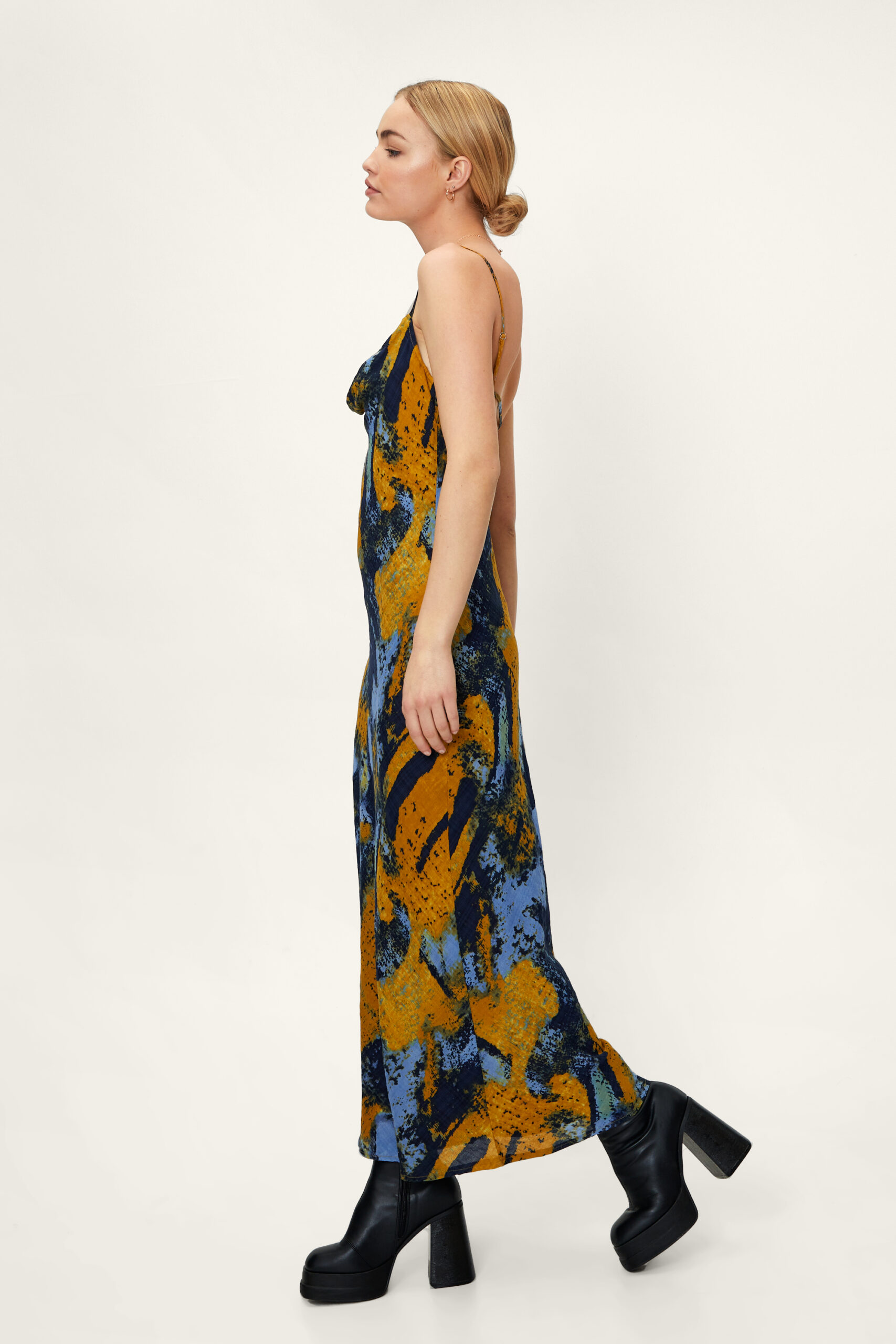 Mottled Abstract Print Cowl Maxi Dress 
