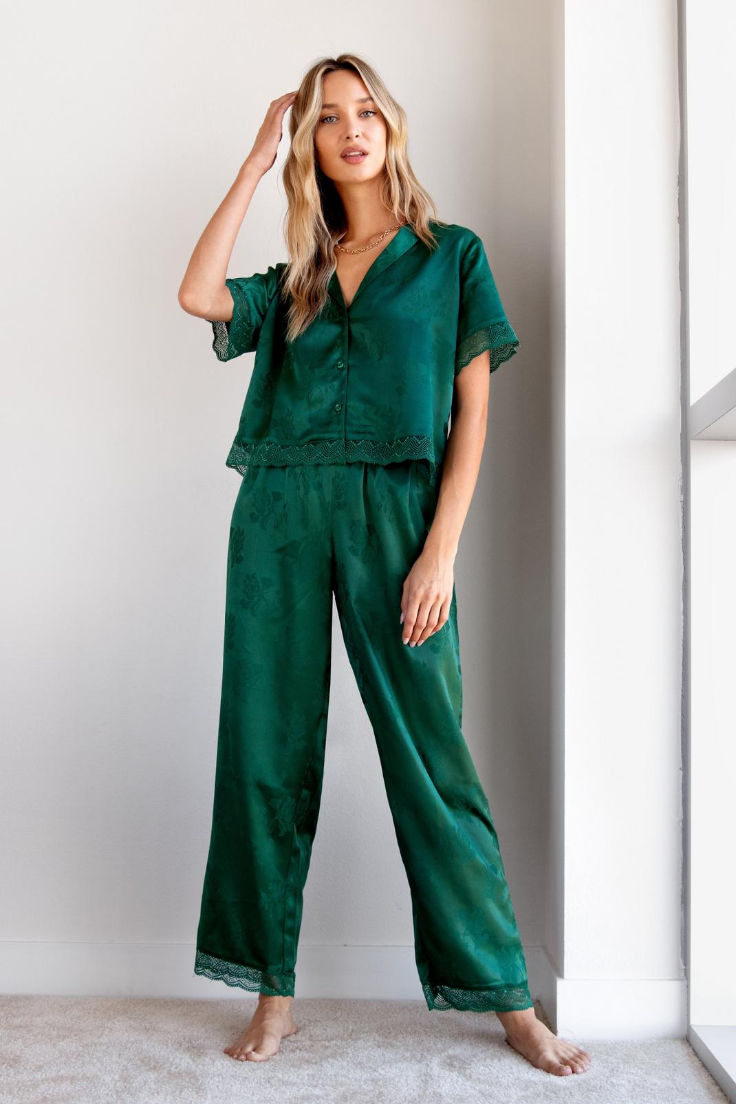 Emerald Lace Trim Jaquard Pajama Set