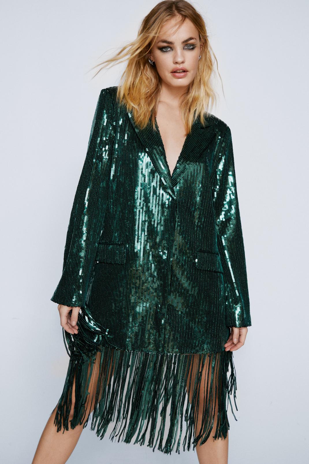 Emerald Sequin Tassel Trim Blazer Dress