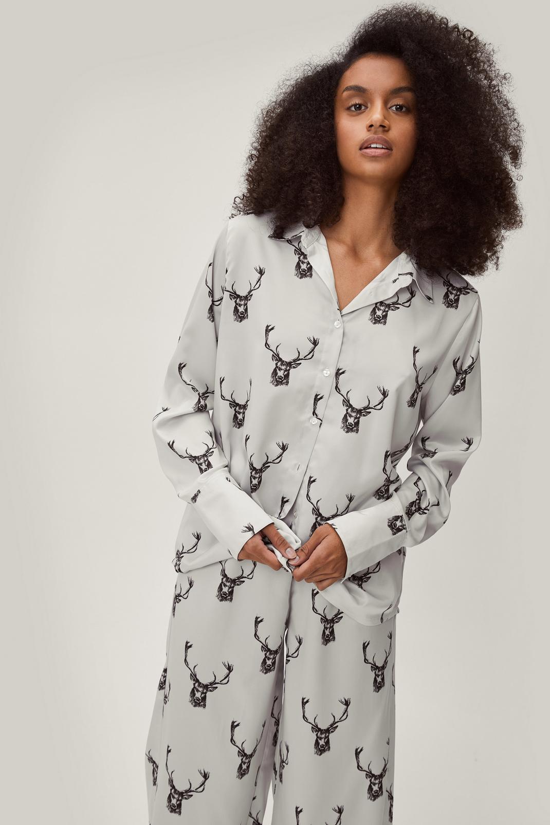 Recycled Satin Deer Print Pajamas 