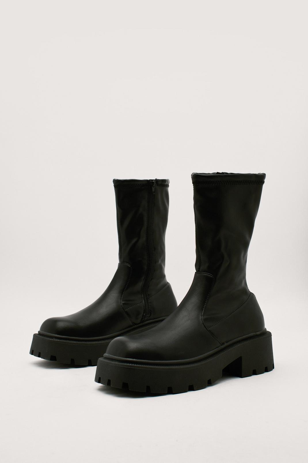 Stretchy Faux Leather Chunky Boots