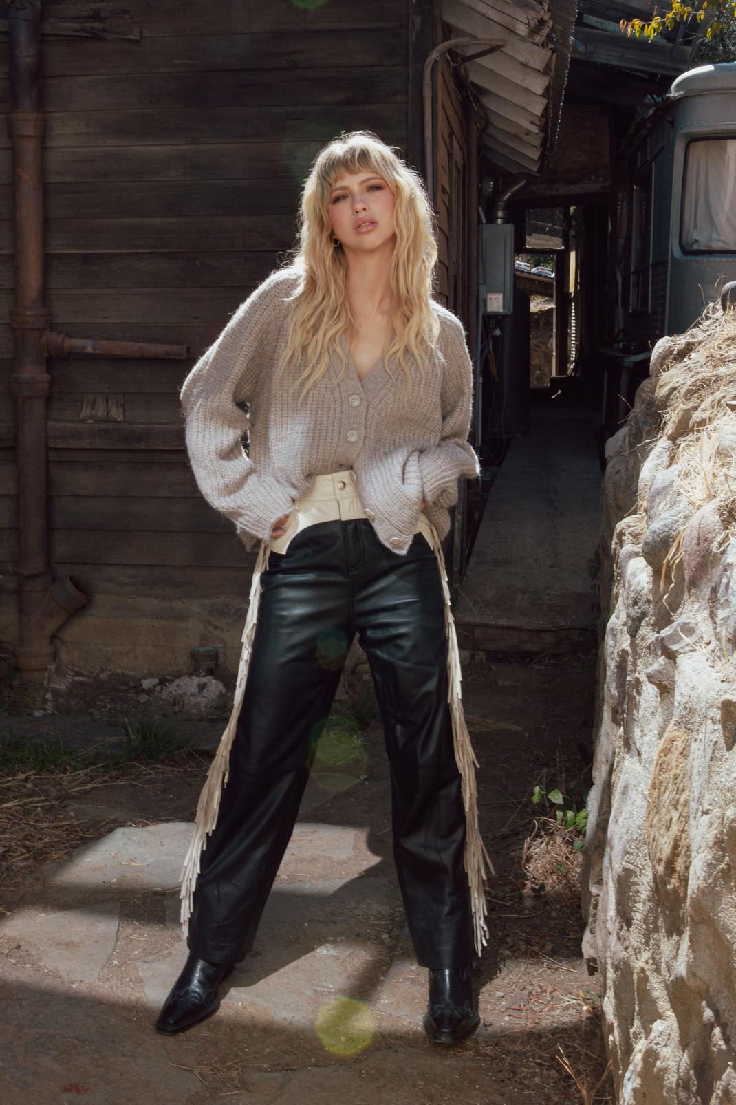 Real Leather Fringed Side Pants