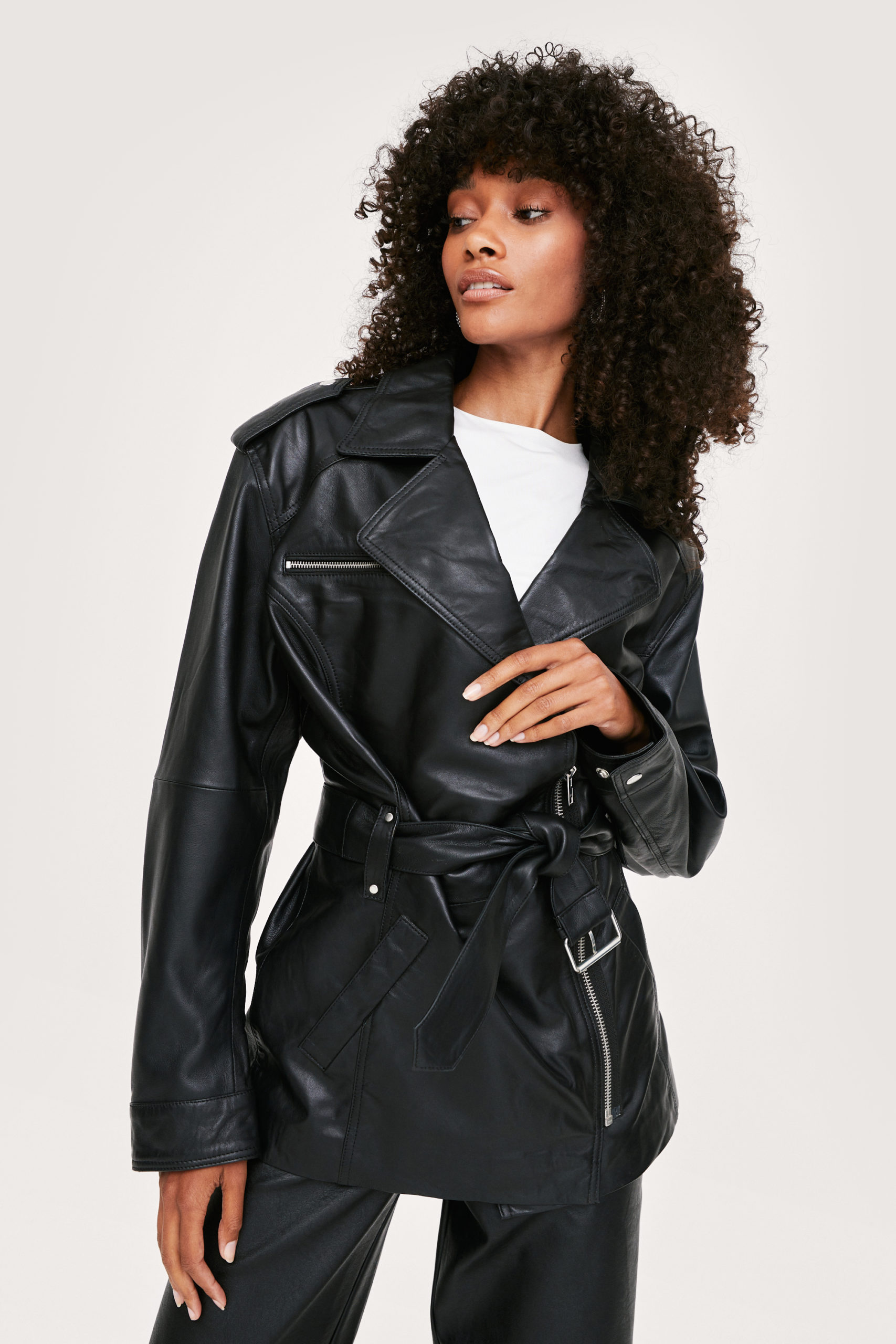 Zip Detail Longline Leather Belted Jacket