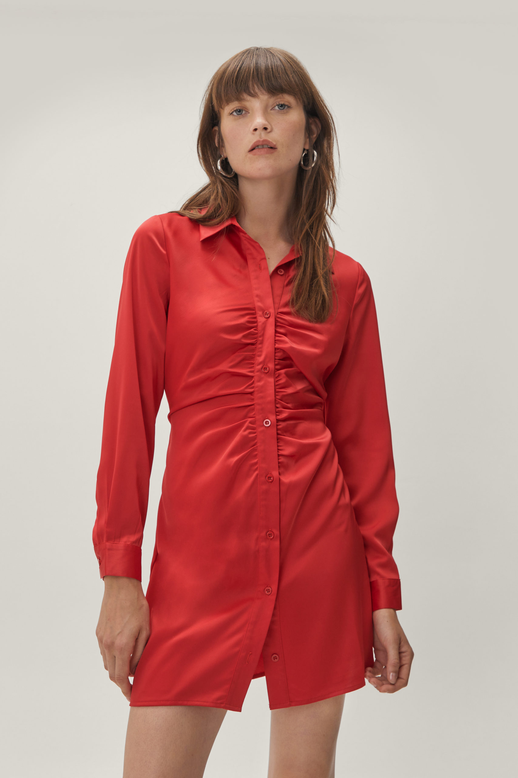 Sustainable Satin Ruched Mini Shirt Dress