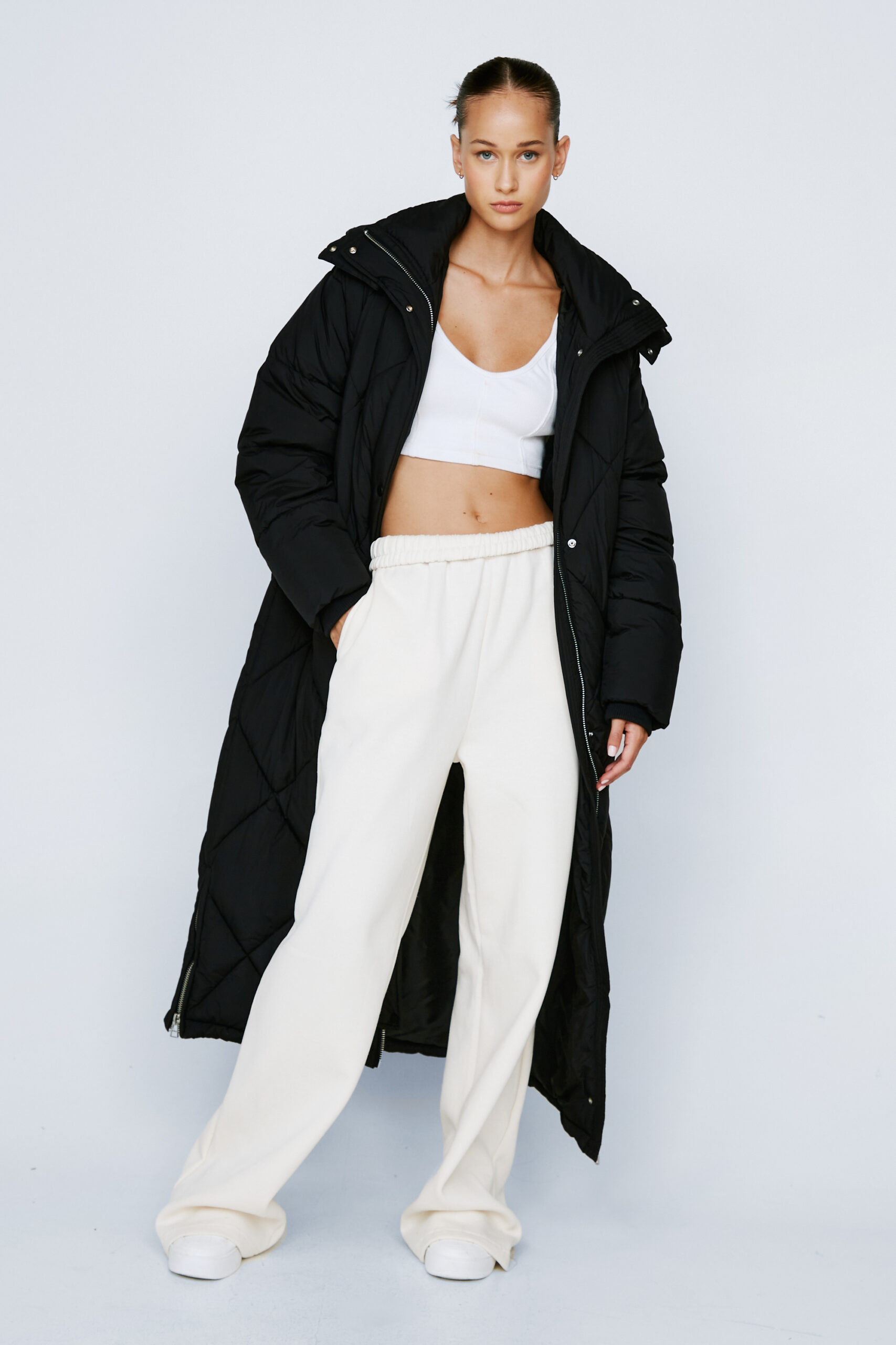 Diamond Quilted Longline Puffer Hooded Jacket 