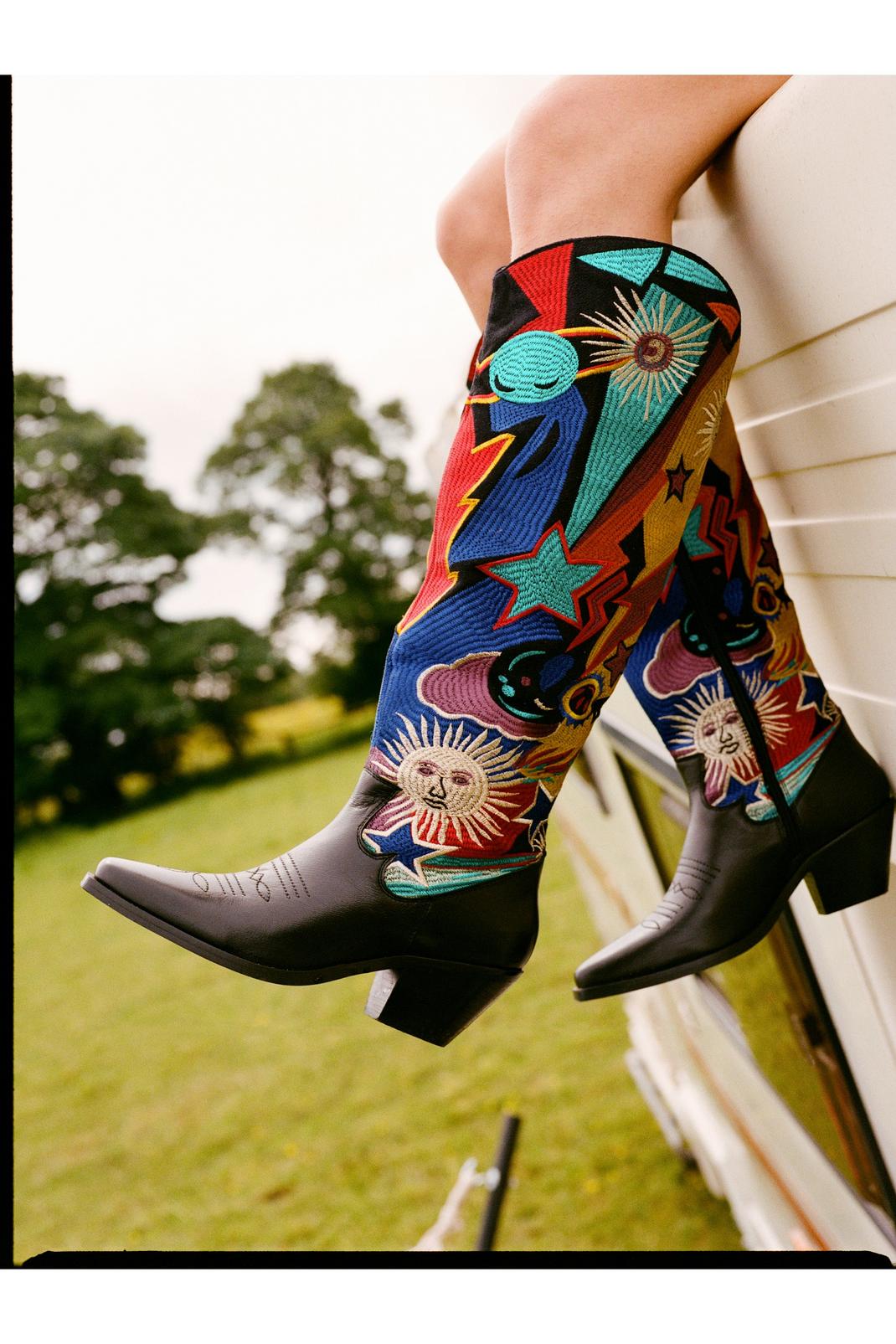 Leather Embroidered Knee High Boots