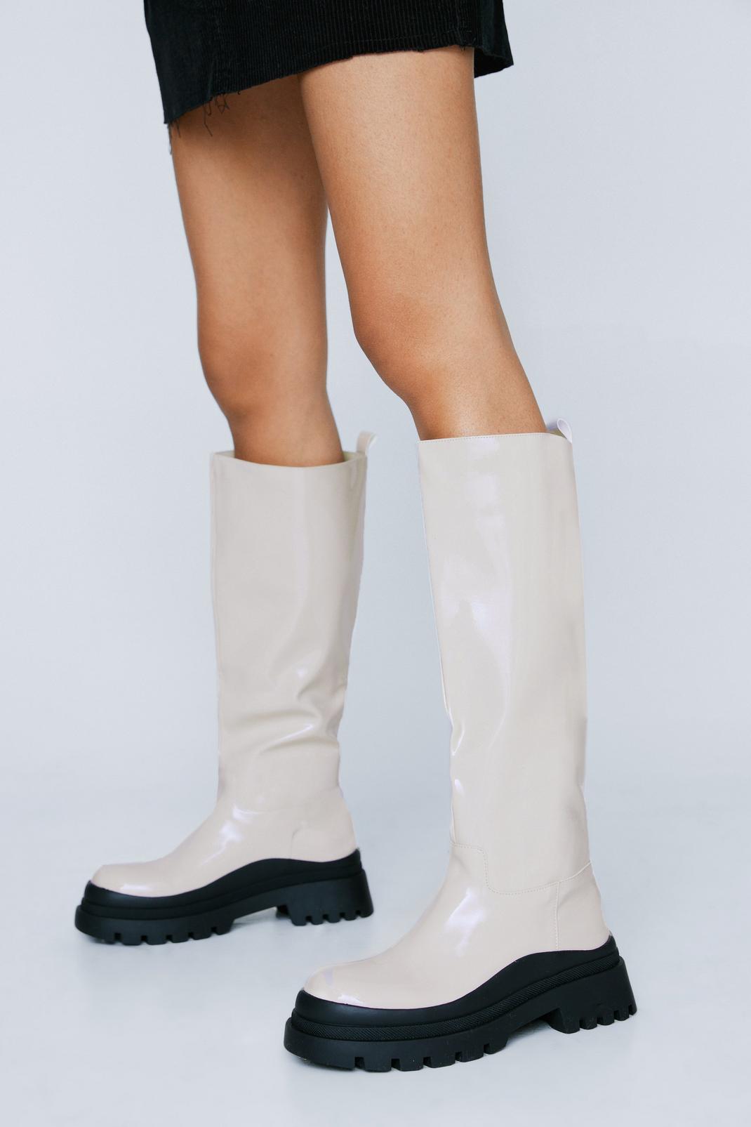 White Patent Chunky Knee High Boots