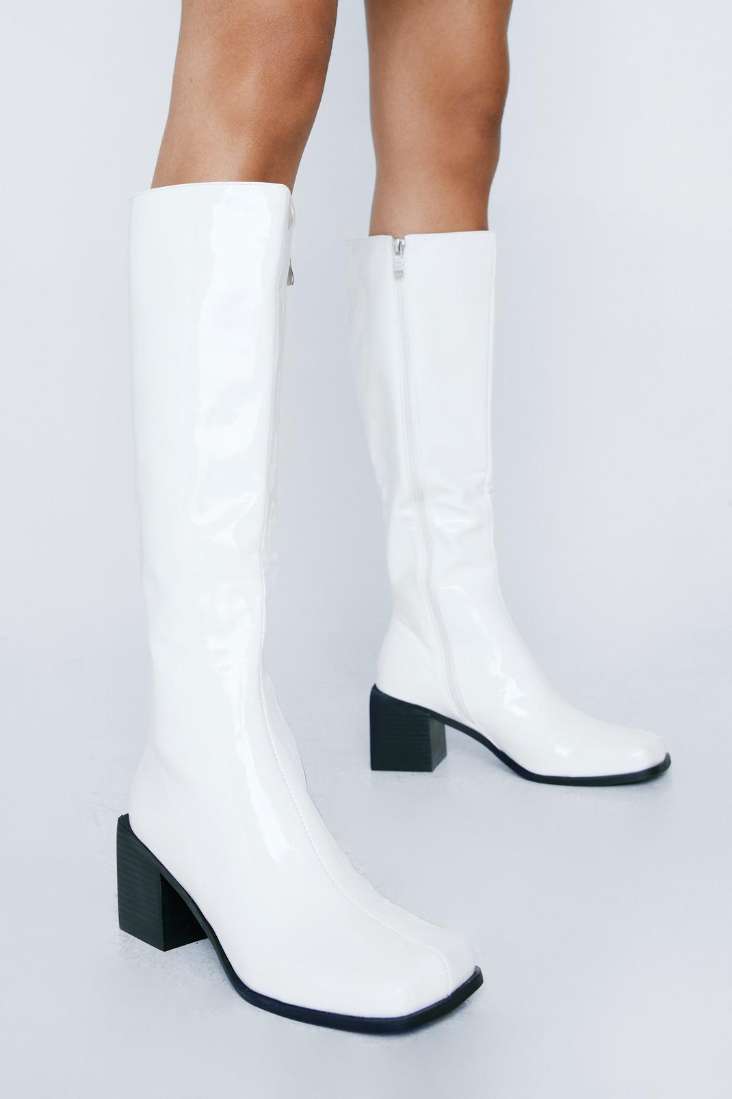 White Patent Square Toe Knee High Boots