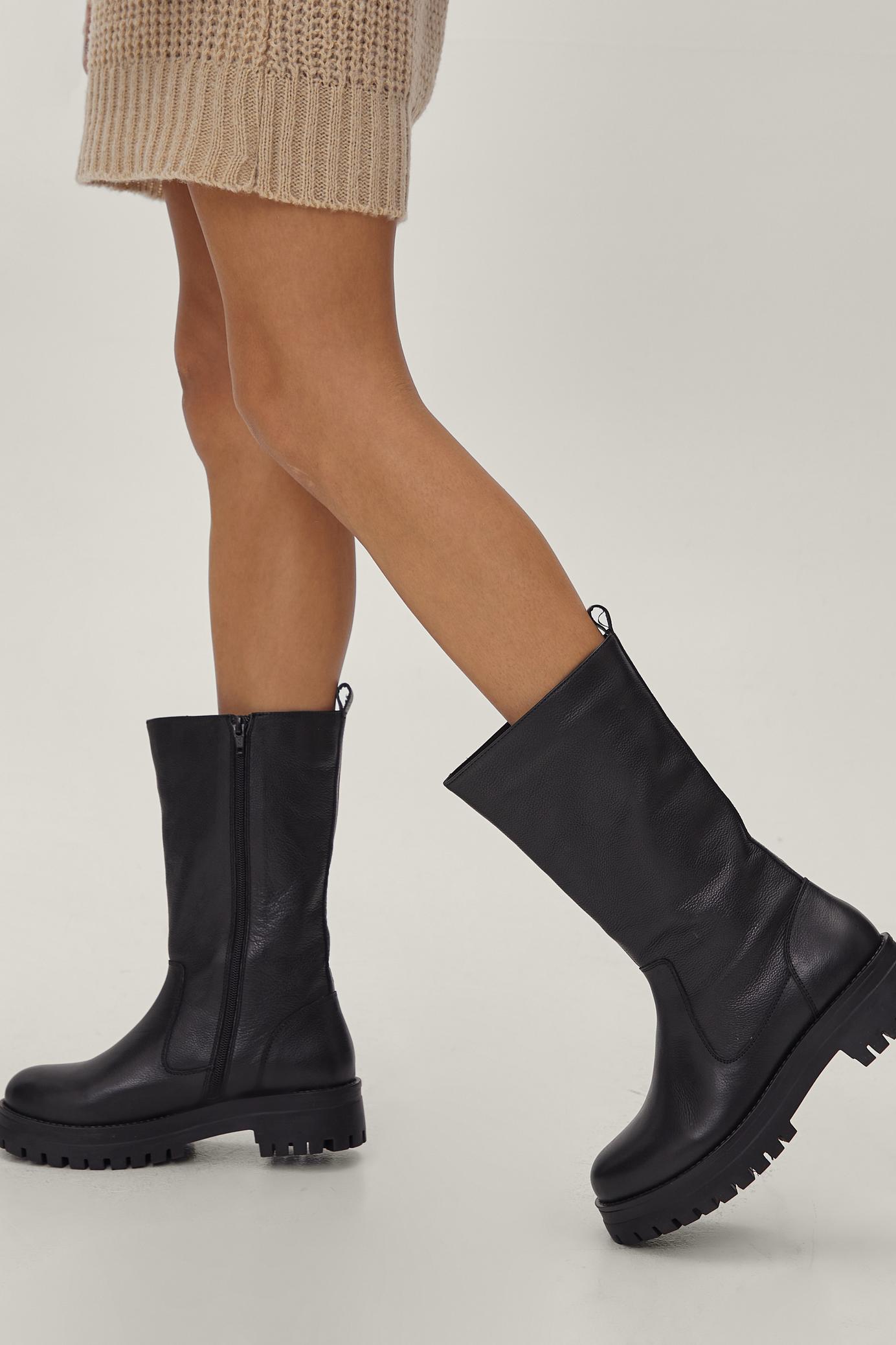 Real Leather Chunky Pull On Boots
