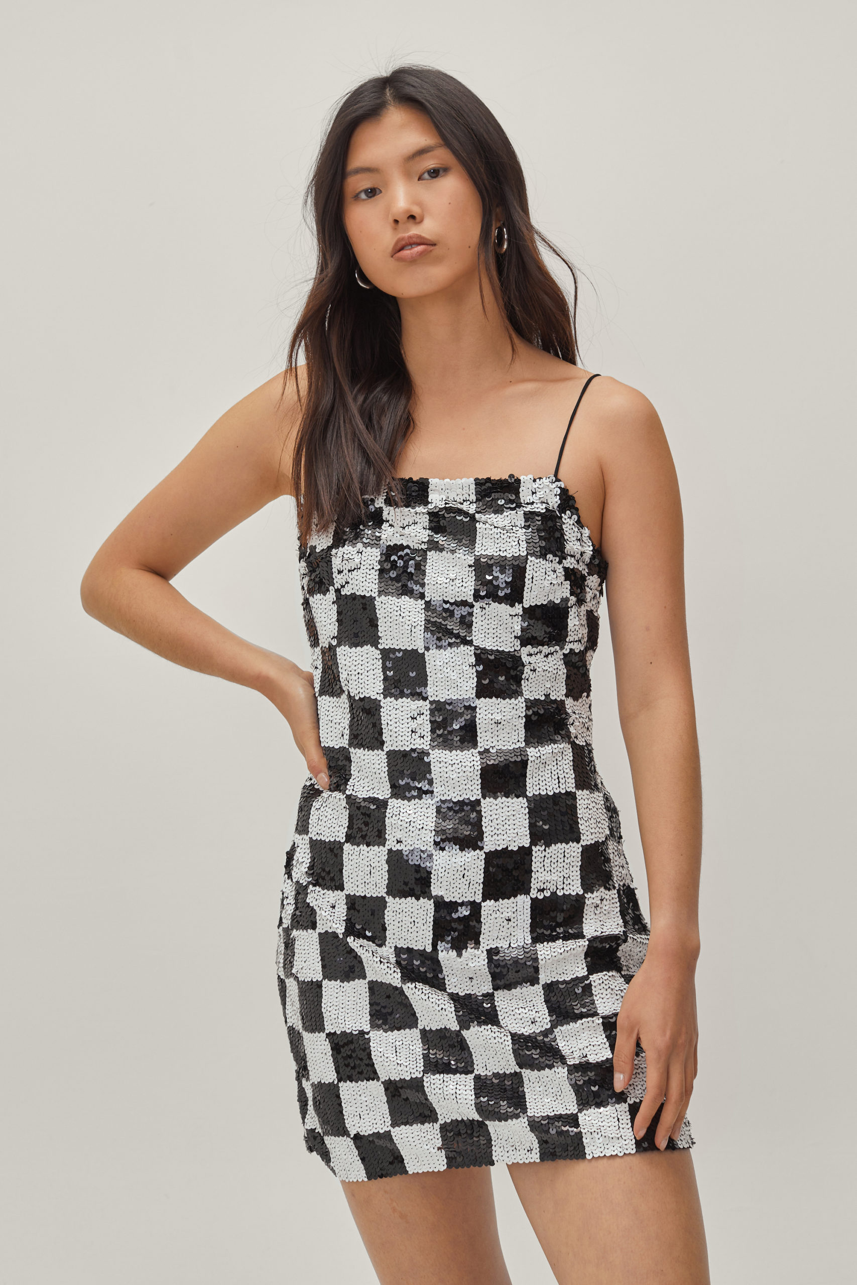 Checkerboard Embellished Mini Dress