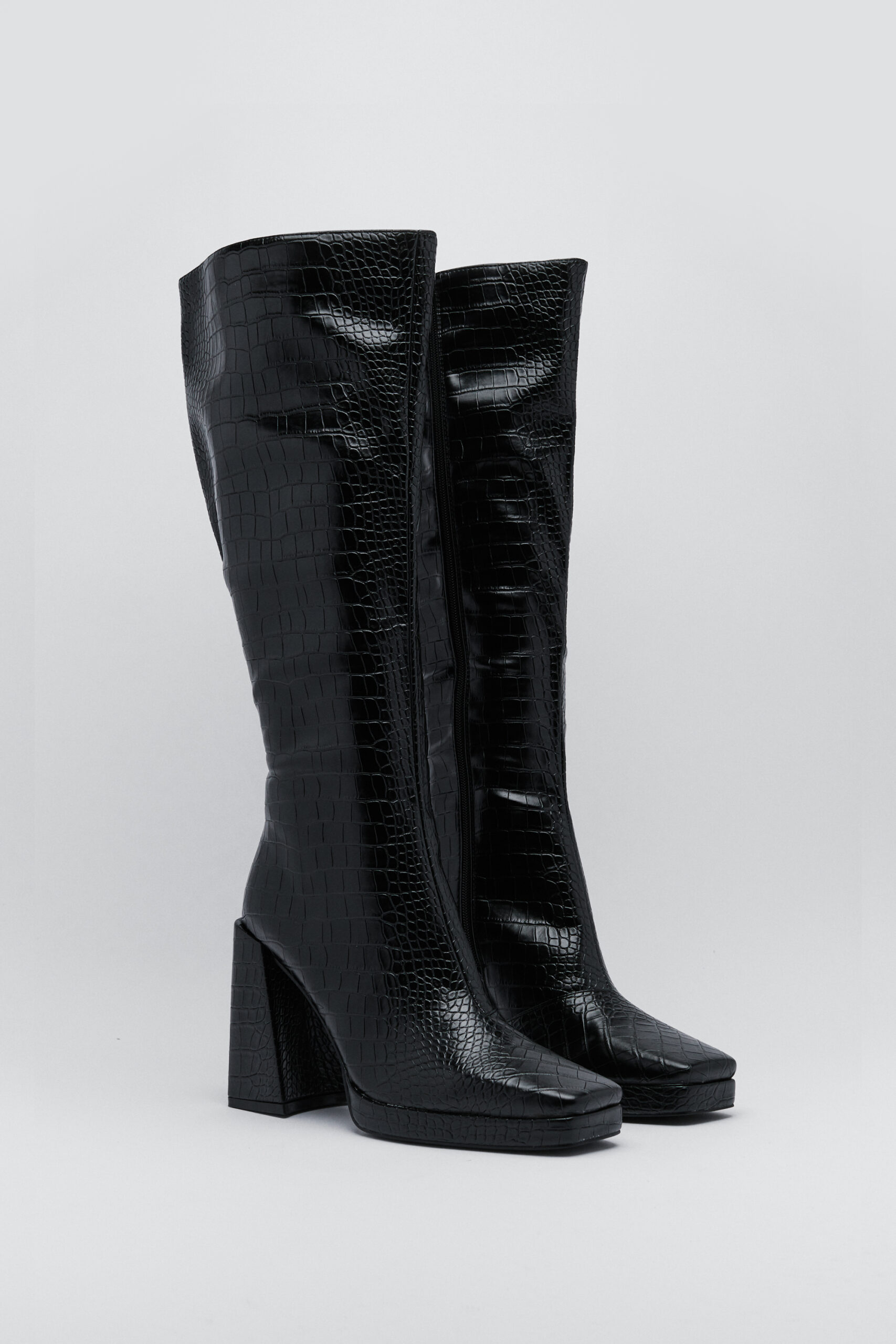 Faux Leather Croc Knee High Boots 