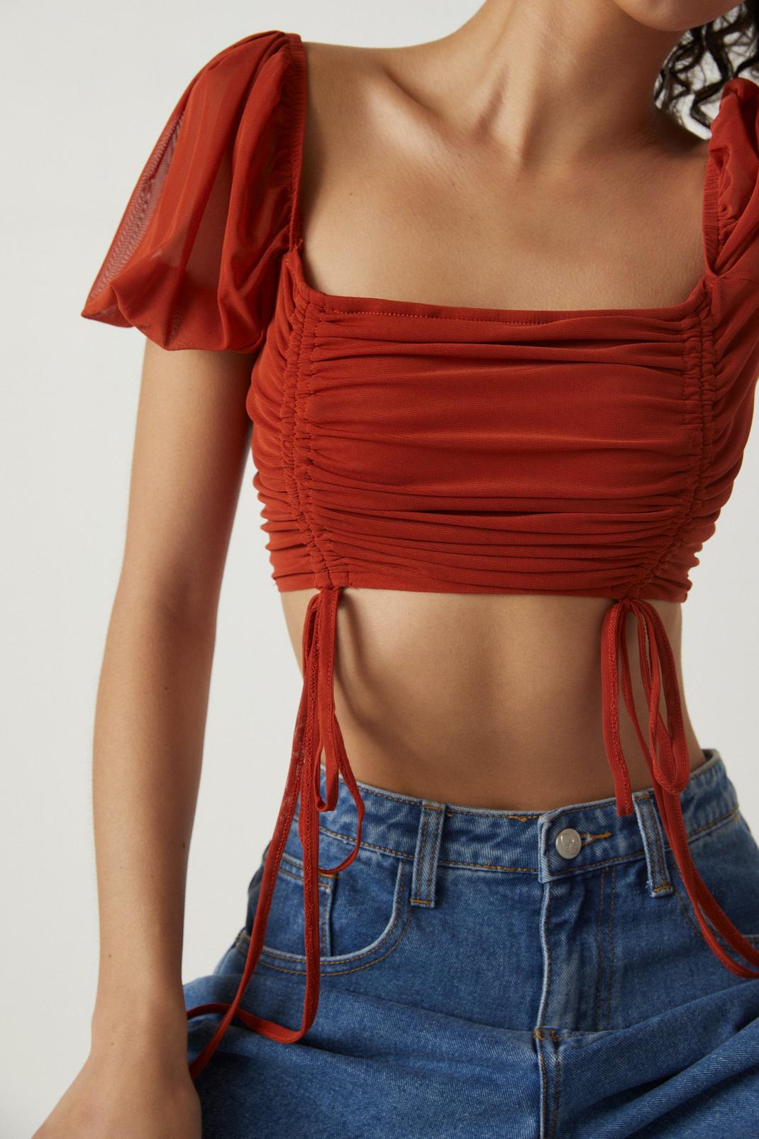 Ruched Mesh Puff Sleeve Crop Top