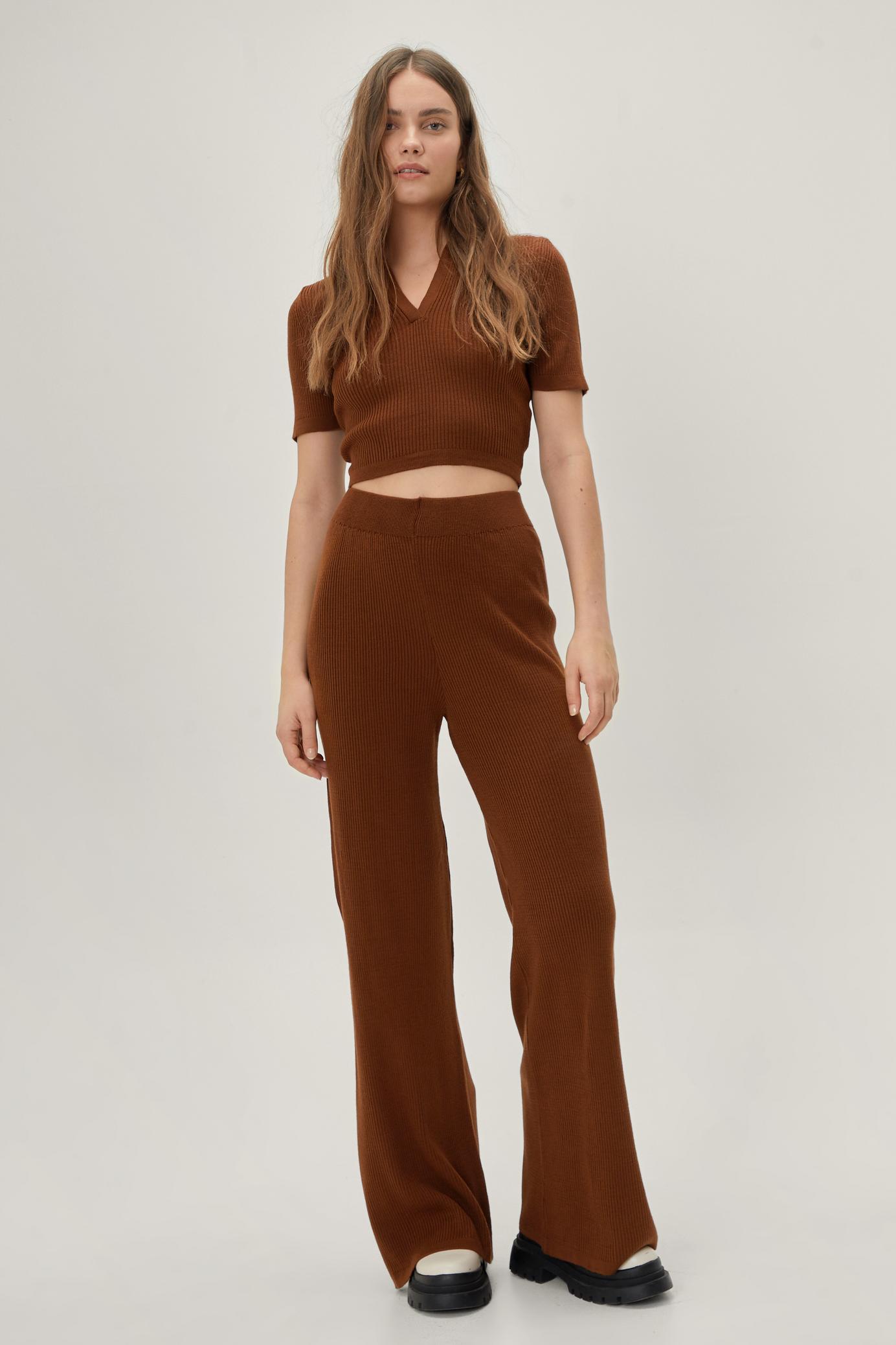 Knitted Rib Collar Detail Top and Pants Set