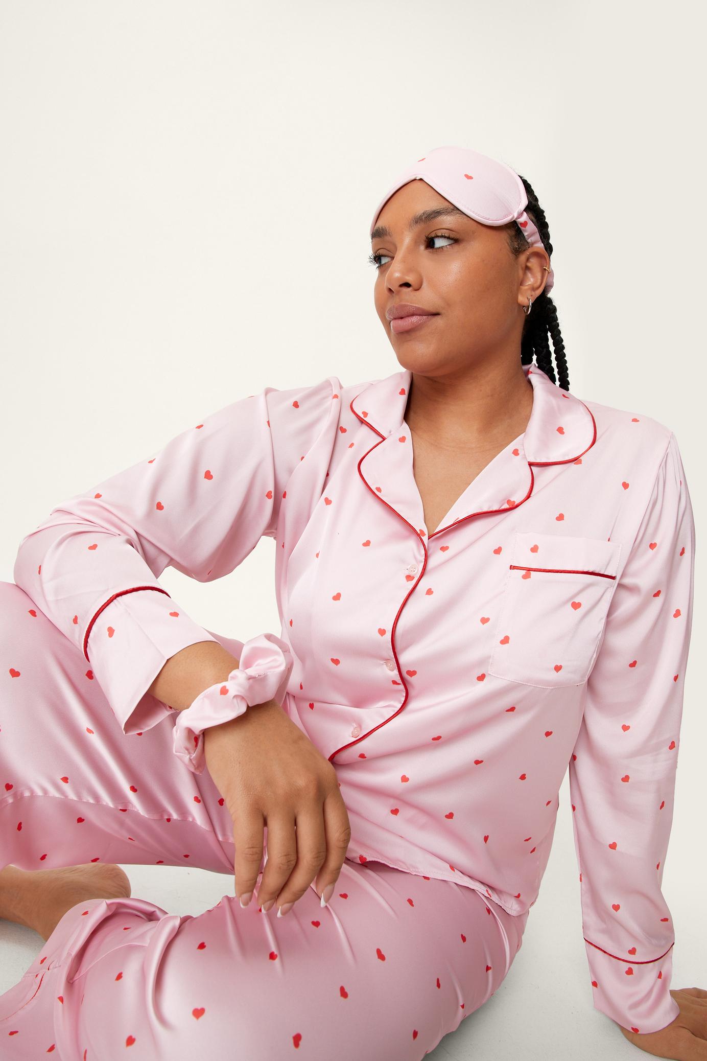Plus Size Satin Heart Print 6pc Pajama Set