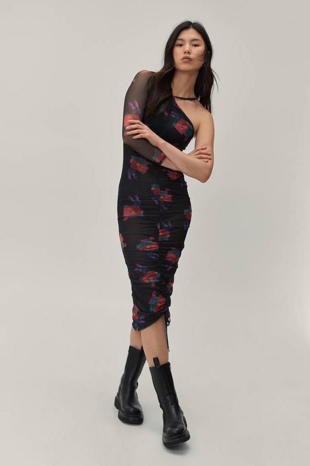 Floral Print Bodycon Ruched Midi Dress