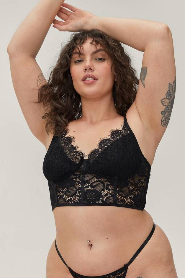 Plus Size Lace Longline Bralette And Thong Set
