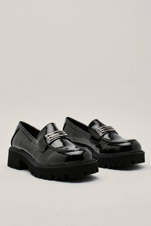 Chunky Metal Detail Faux Leather Loafers