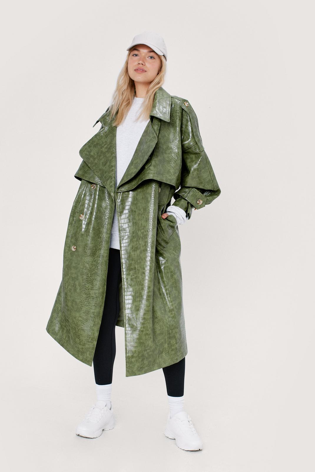 Green Faux Leather Trench Coat