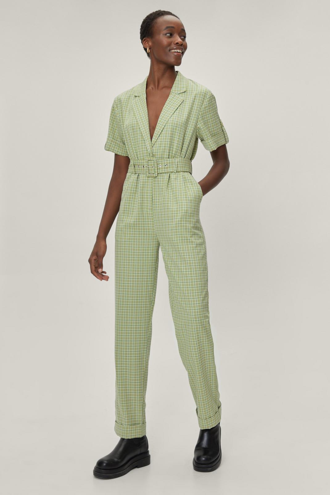 Green Checked Belted Jumpsuit