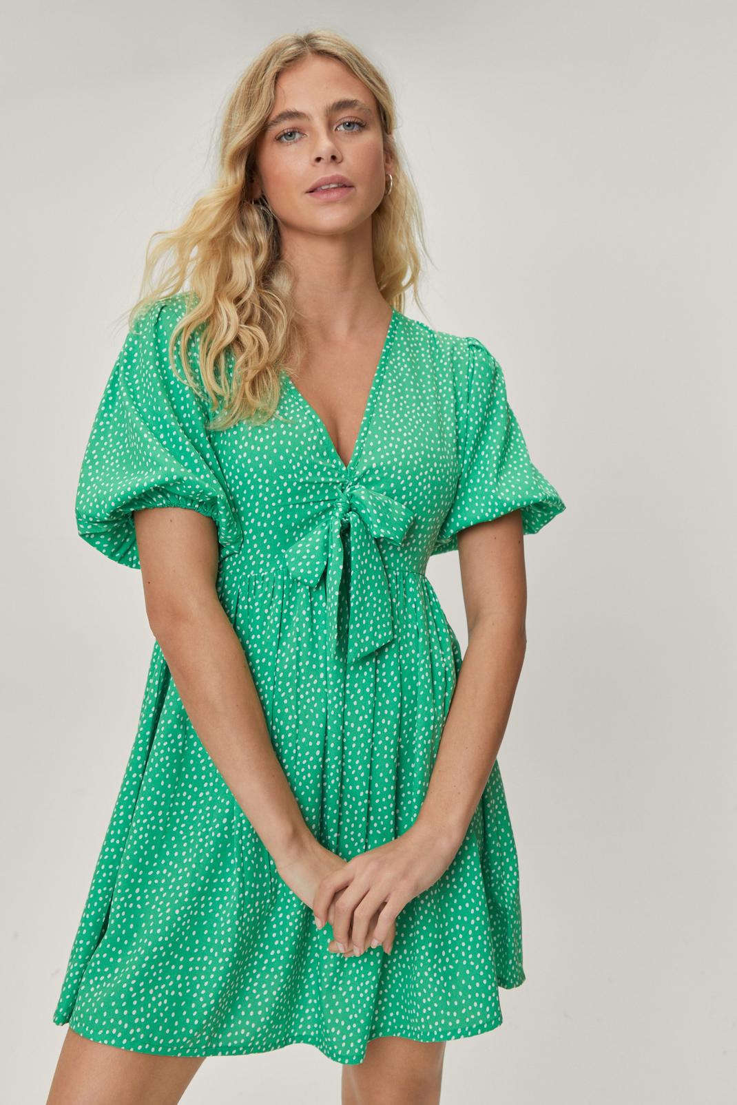 Green Ditsy Puff Sleeve Mini Dress