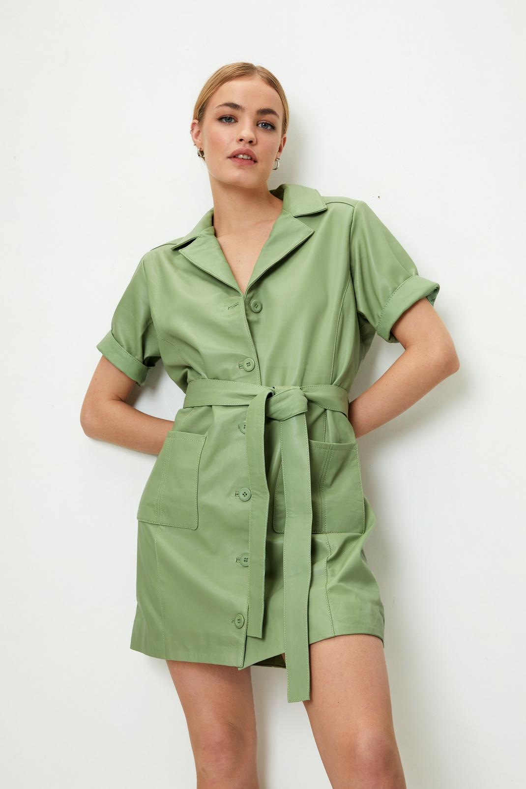 Green Real Leather Belted Mini Dress