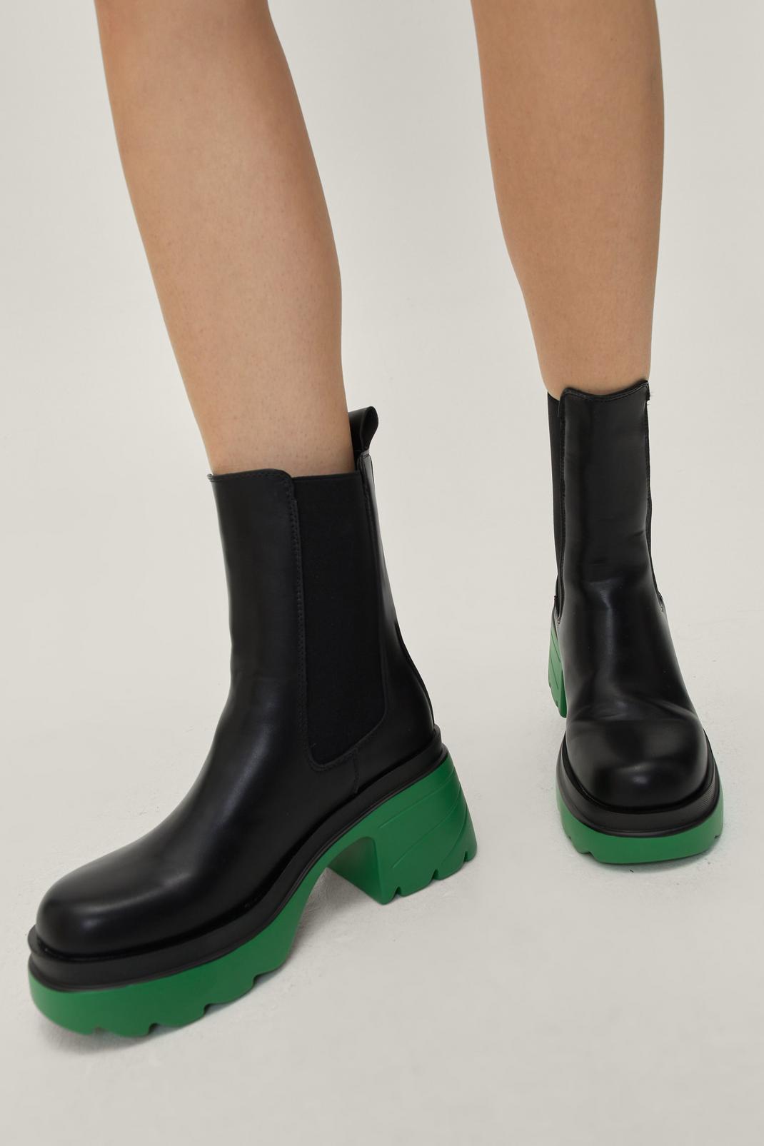 Green Chunky Heeled Chelsea Boots
