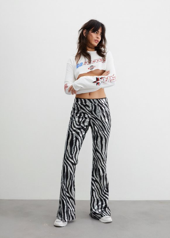 Sequin Fit And Flare Zebra Print Pants