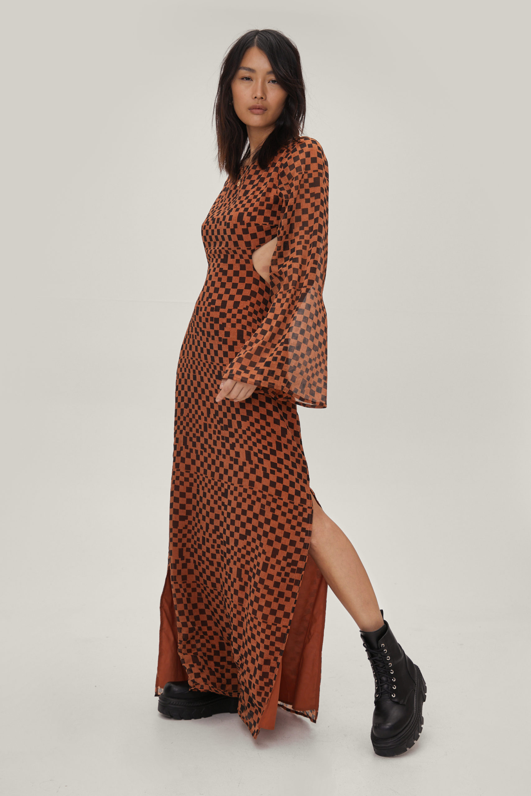 Check Wide Sleeve Maxi Dress