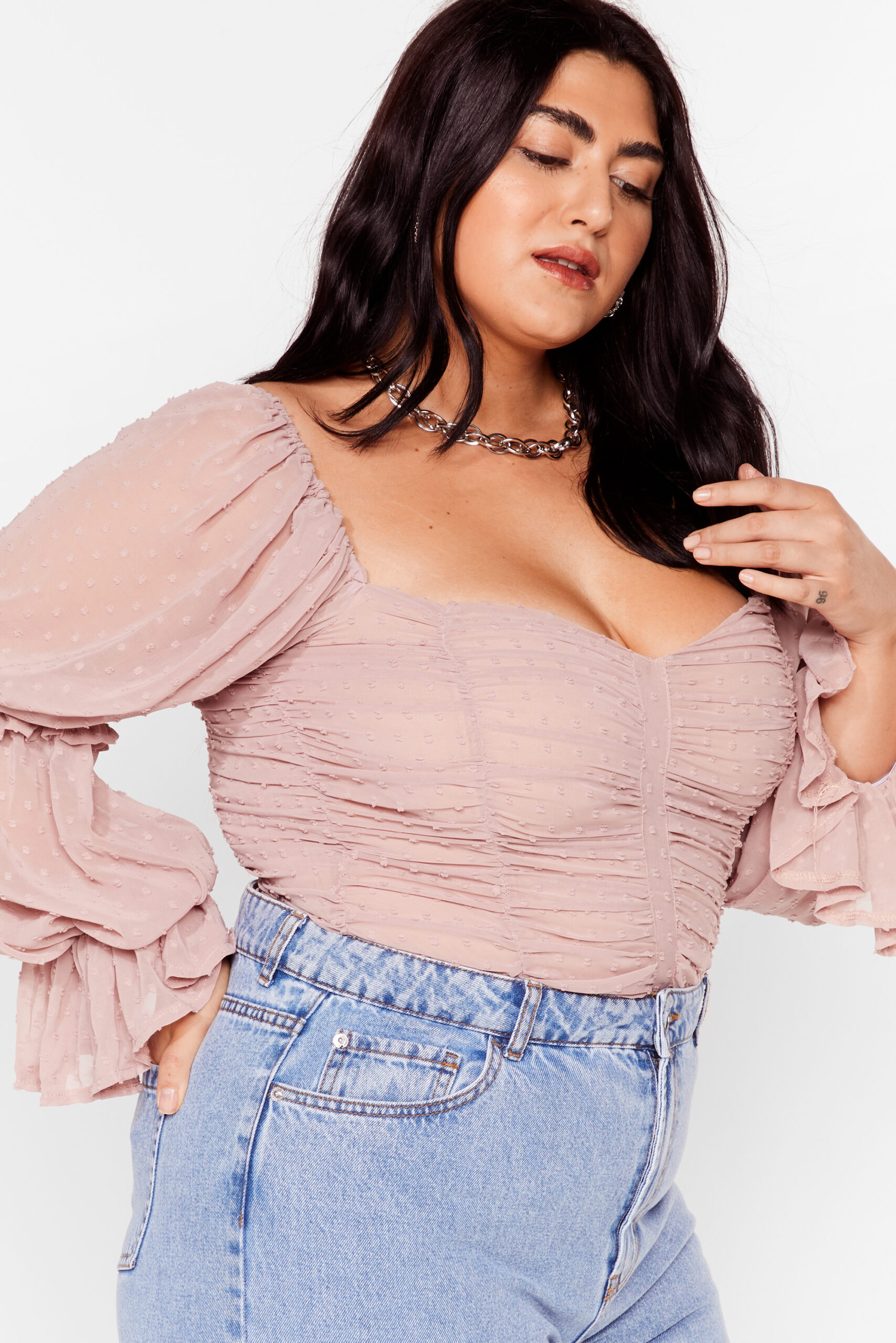 Plus Size Ruched Mesh Puff Sleeve Blouse