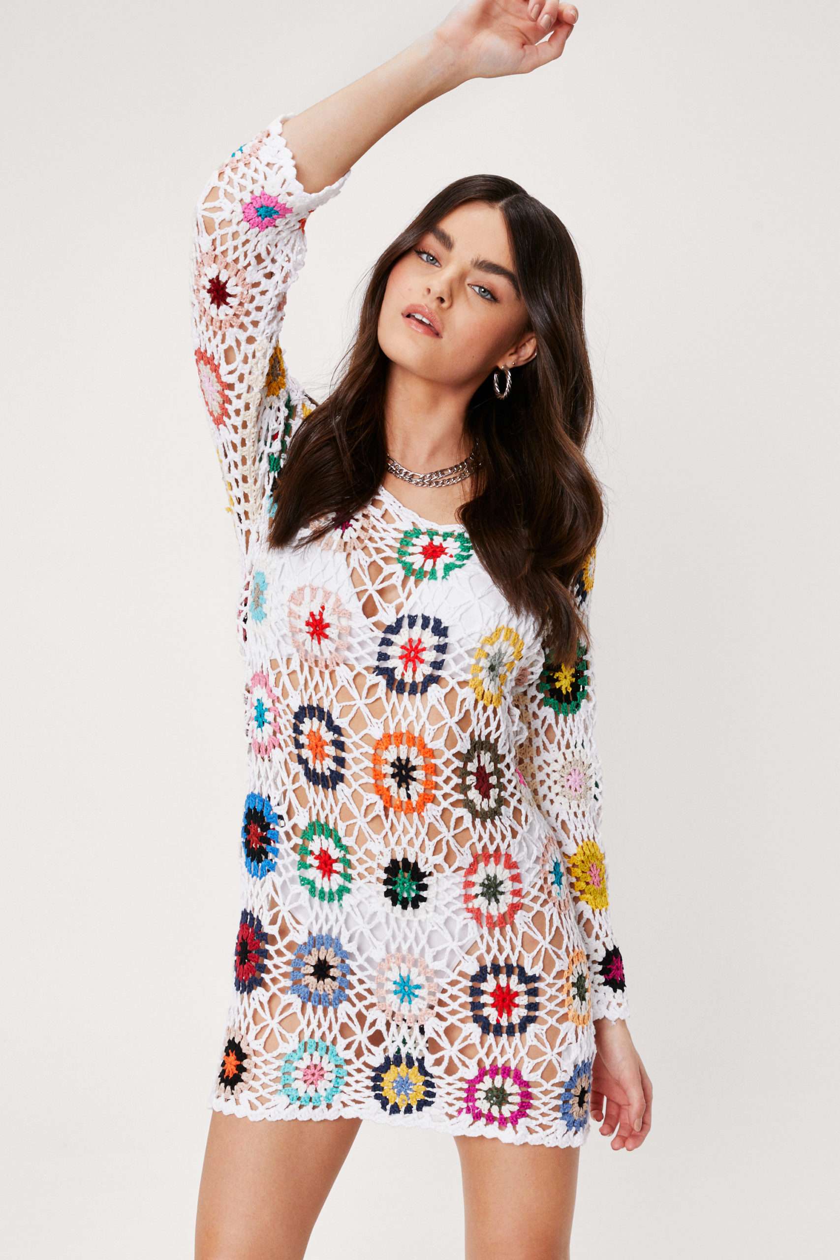 Multicolor Long Sleeve Crochet Dress