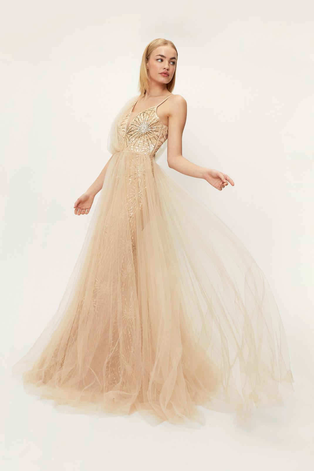 Asymmetric Tulle Sparkly Prom Dress