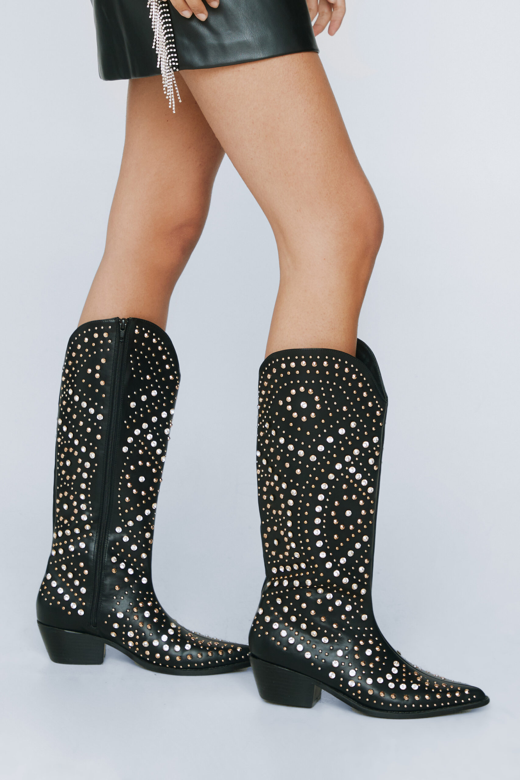 Faux Leather Embellished Cowboy Boots