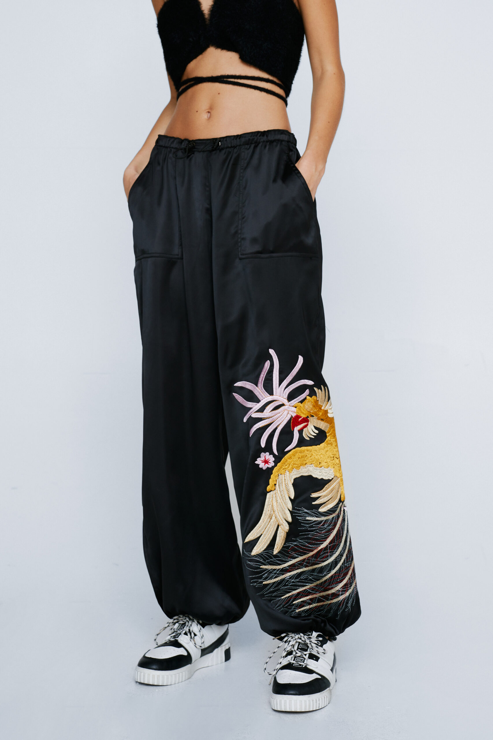 Petite Embroidered Mid Rise Cargo Pants