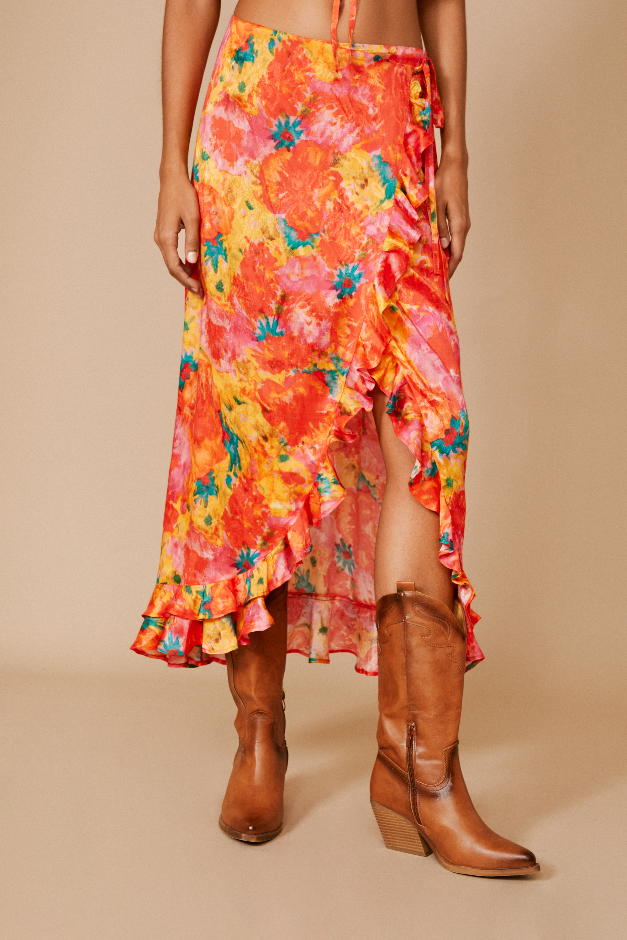 Floral Jacquard Ruffle Wrap Maxi Skirt