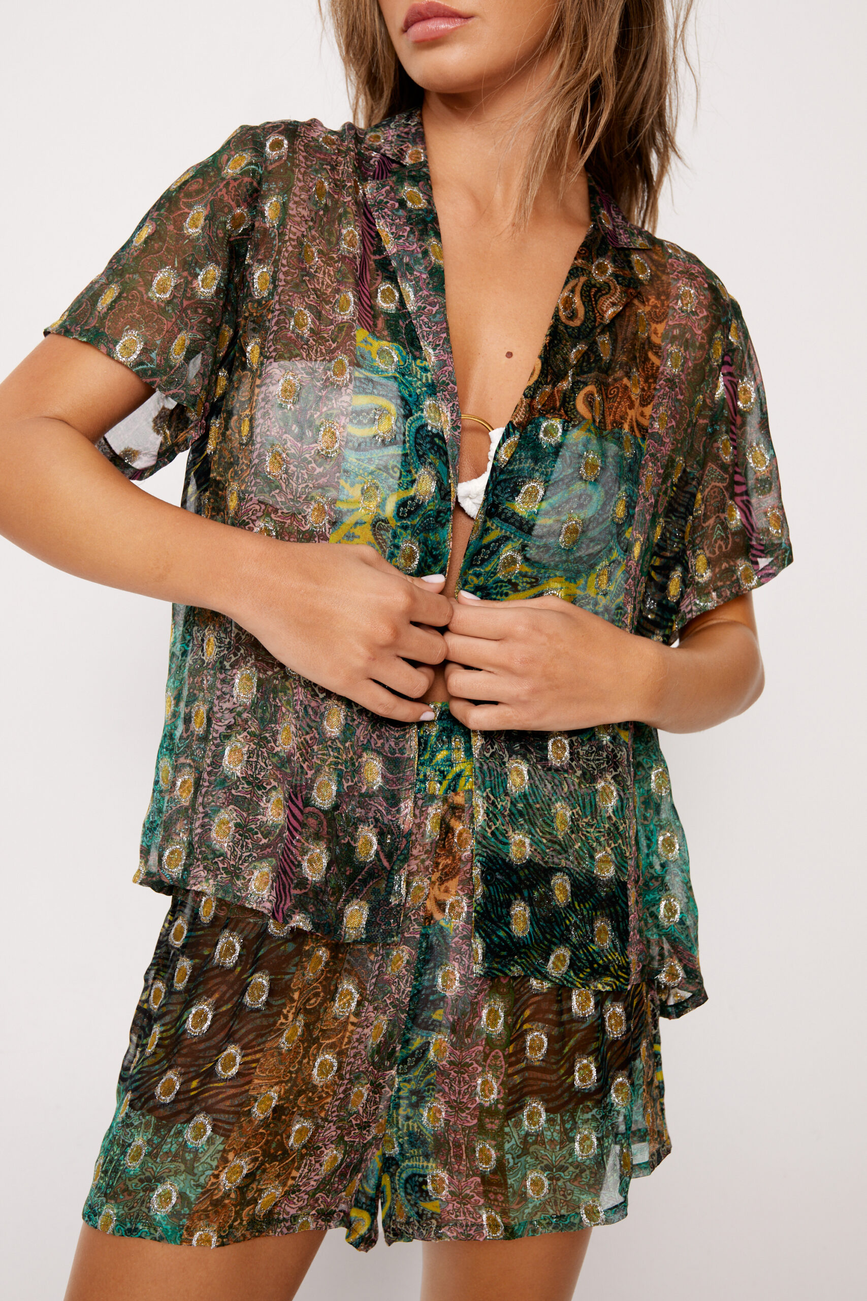 Georgette Mixed Paisley Print Glitter Shirt And Short Set